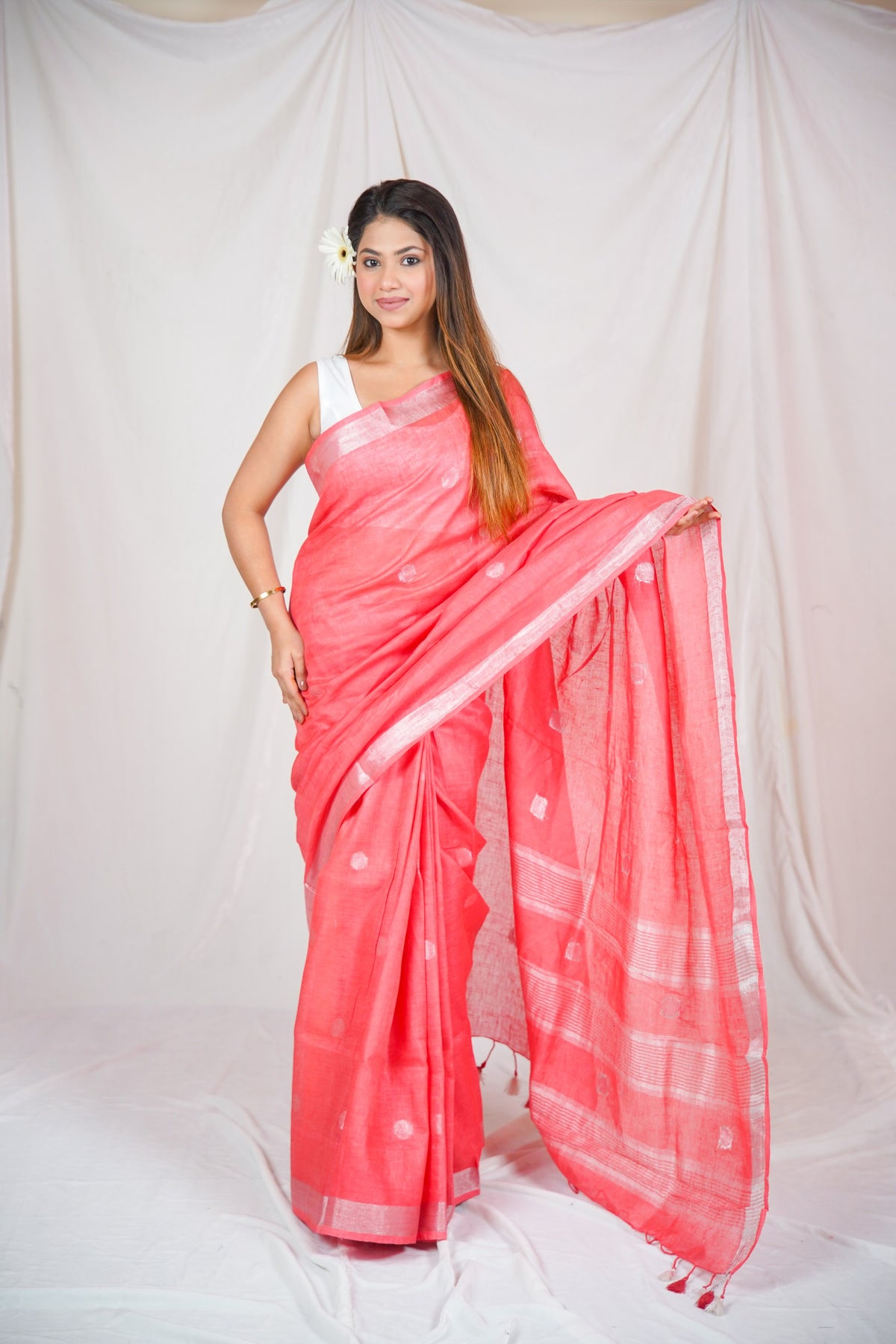 Rose Elegance - Dotted Pink Linen Saree