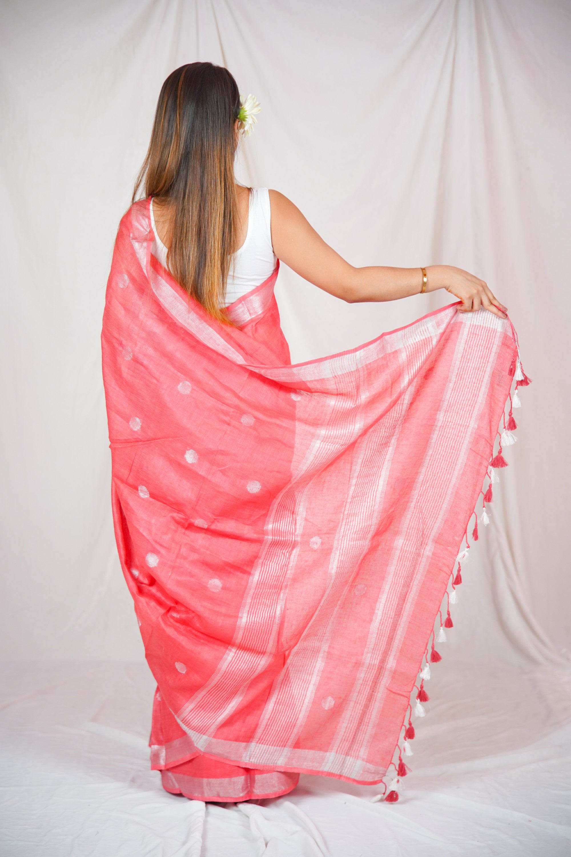 Rose Elegance - Dotted Pink Linen Saree