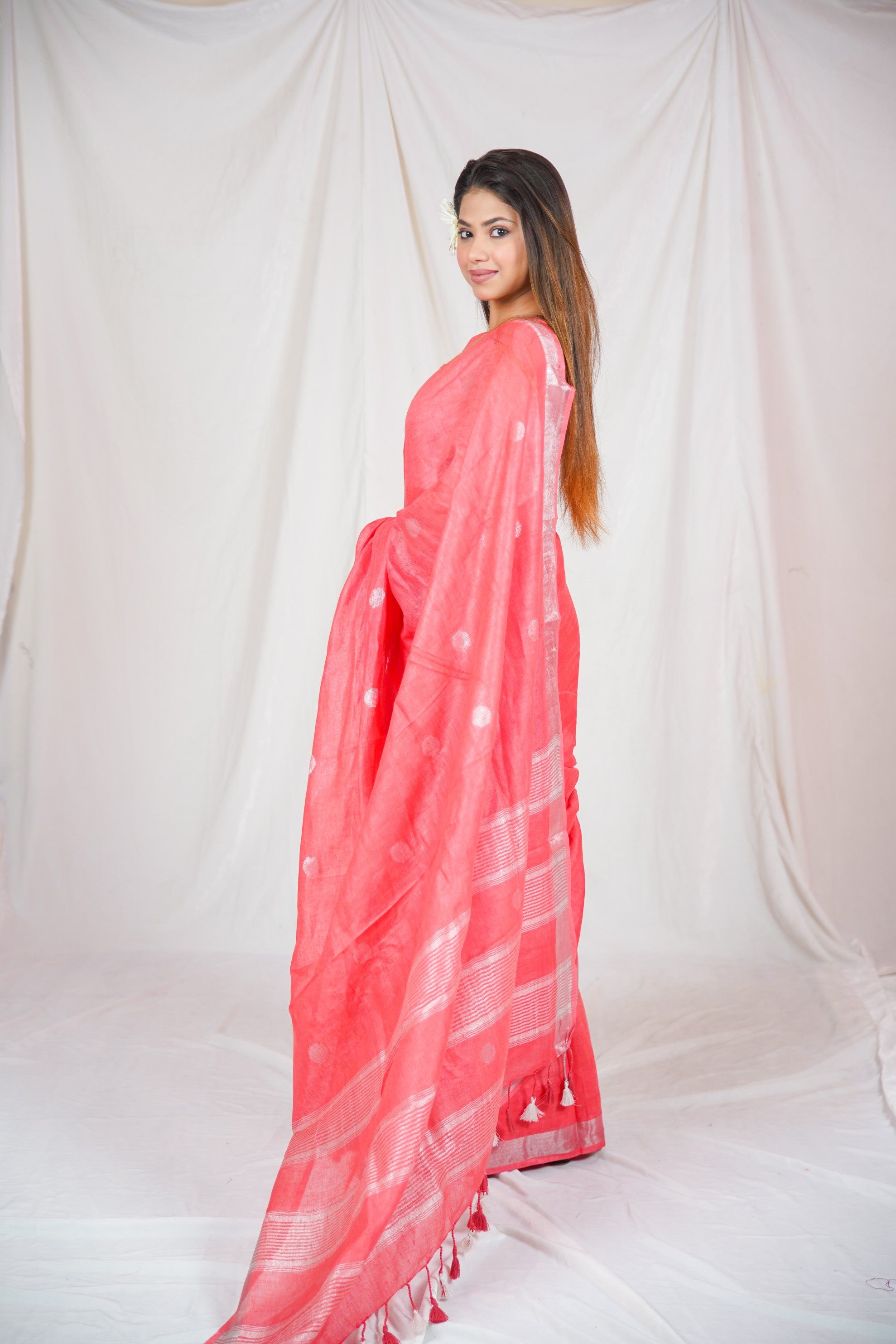 Rose Elegance - Dotted Pink Linen Saree