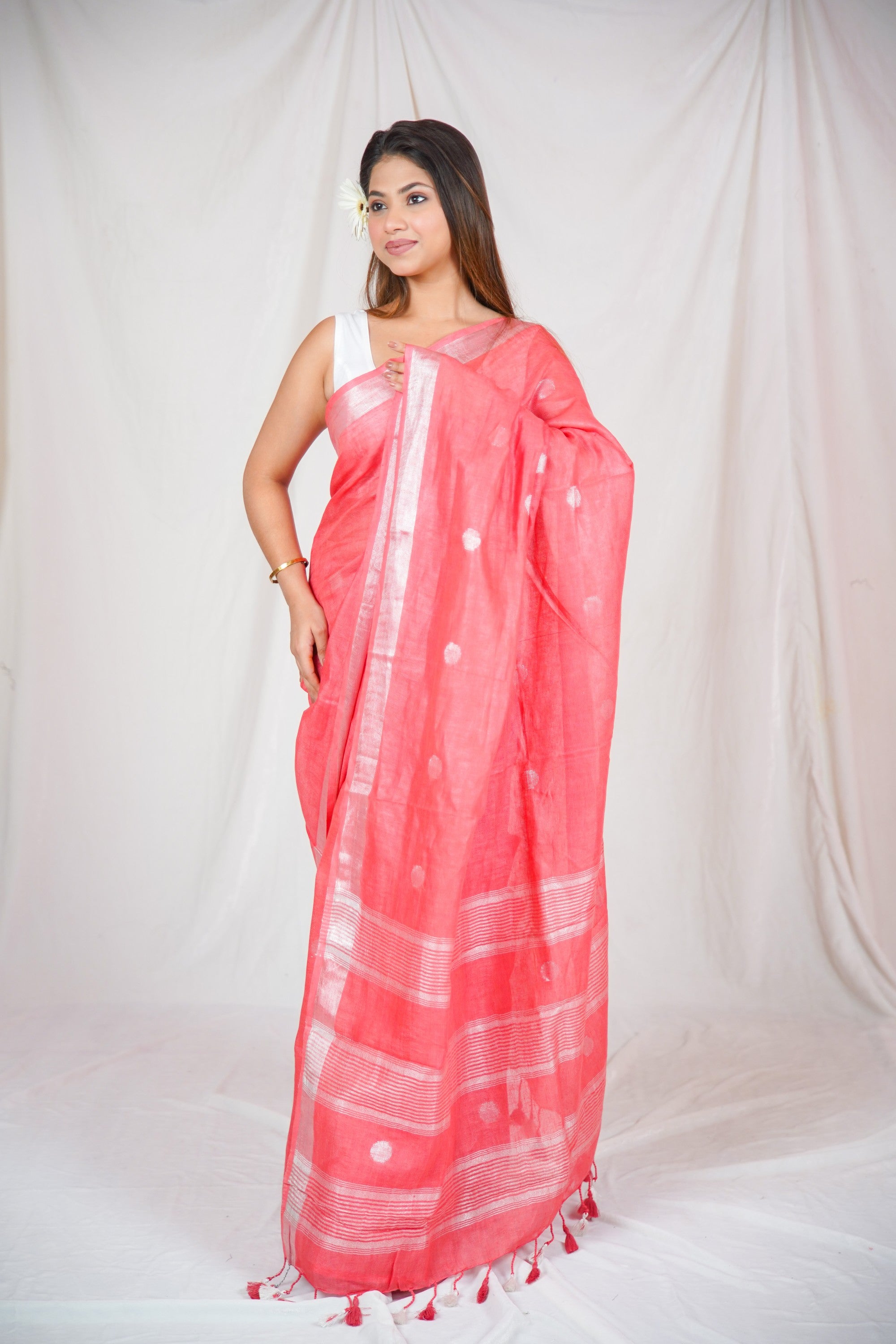 Rose Elegance - Dotted Pink Linen Saree