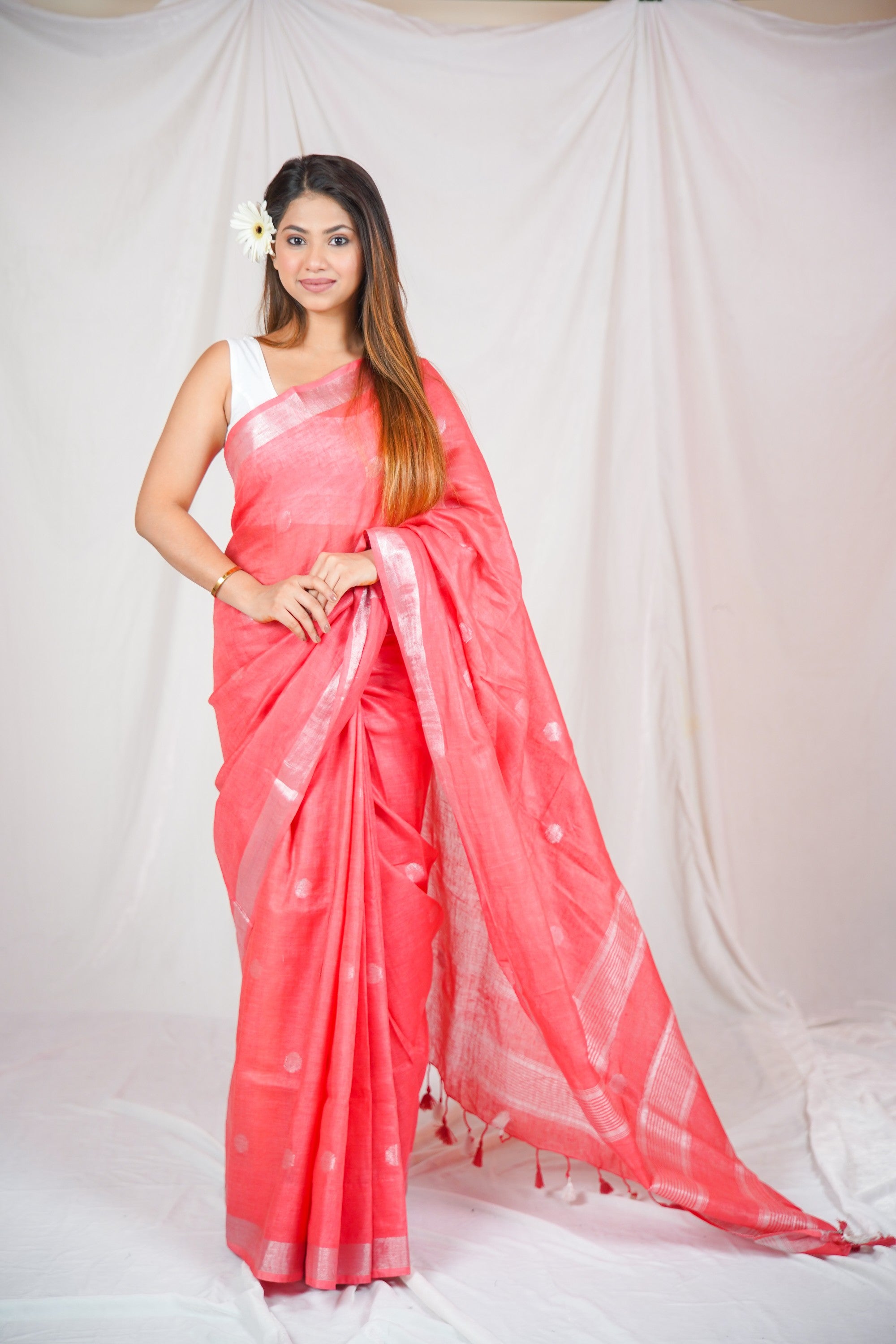 Rose Elegance - Dotted Pink Linen Saree