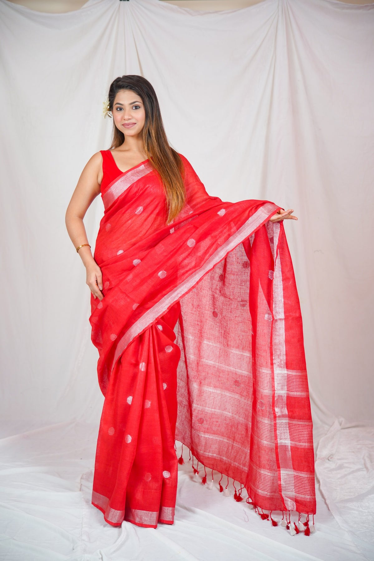 Radiant Red - Dotted Linen Saree