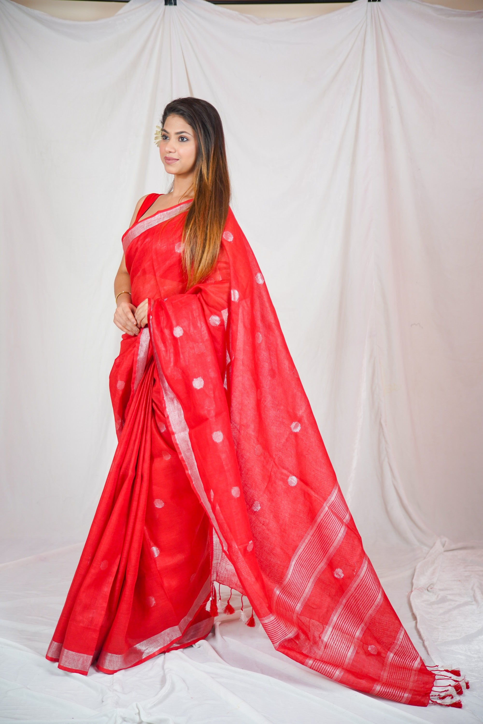 Radiant Red - Dotted Linen Saree