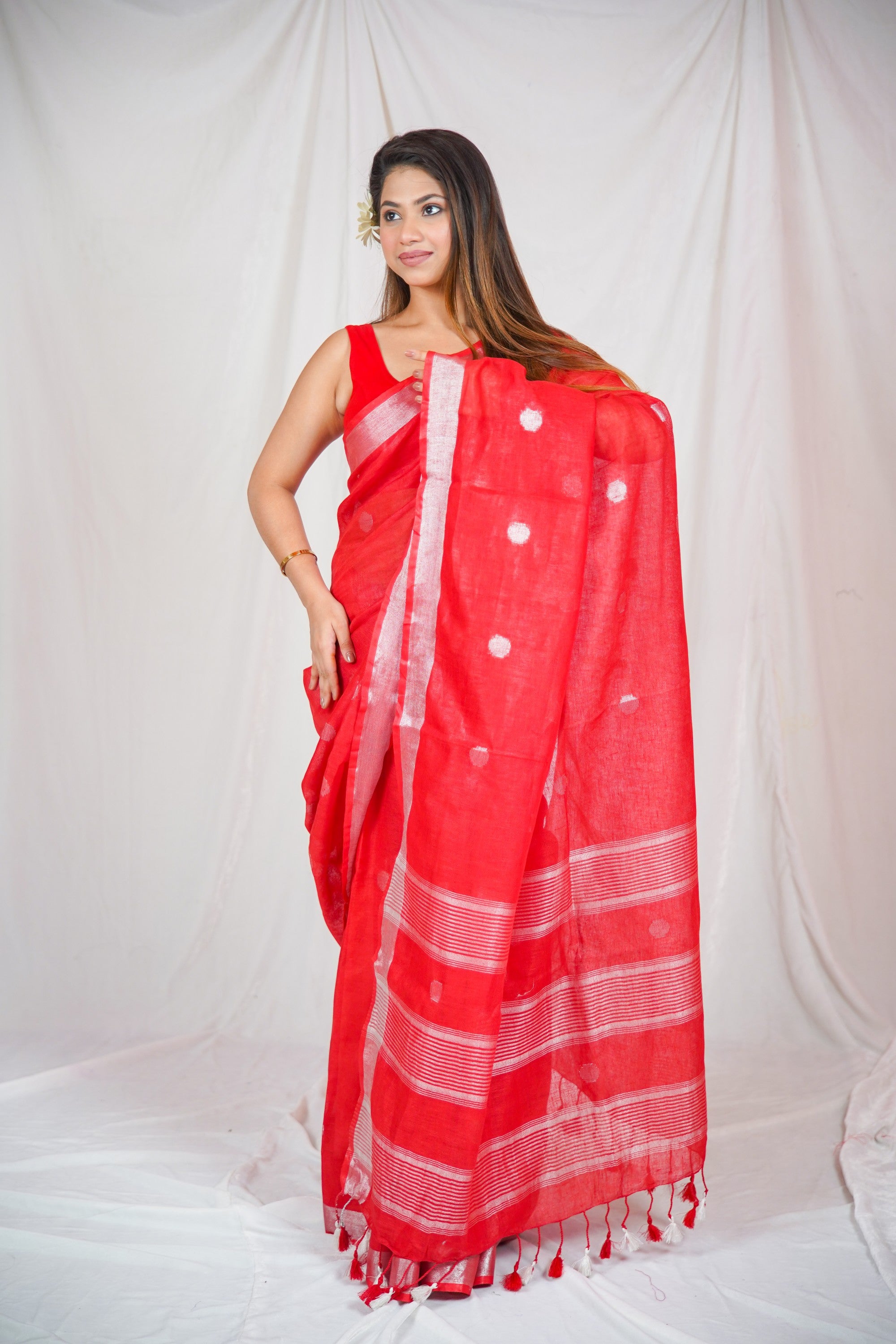 Radiant Red - Dotted Linen Saree