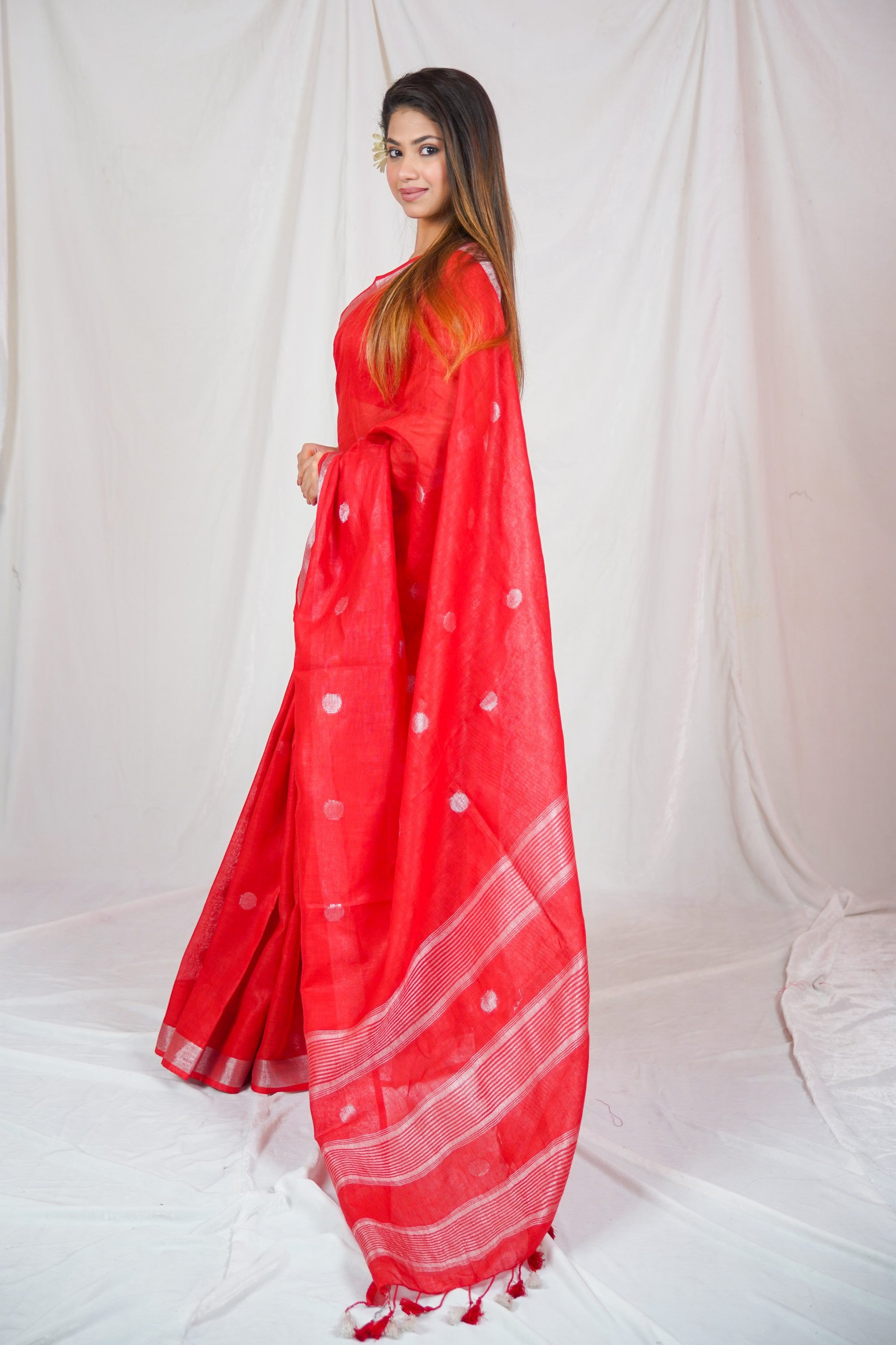 Radiant Red - Dotted Linen Saree