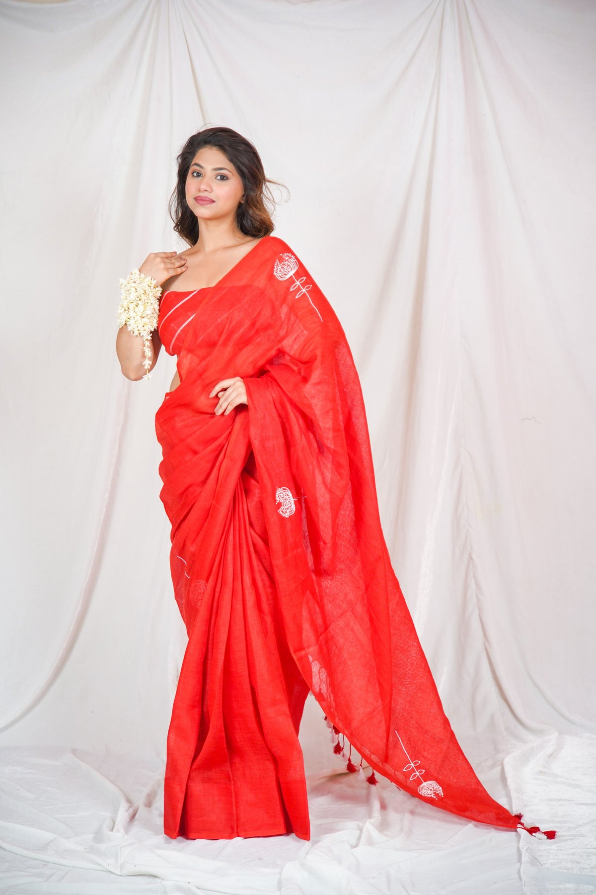 Red Harmony: Embroidered Linen Saree