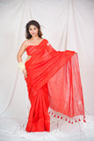 Red Harmony: Embroidered Linen Saree