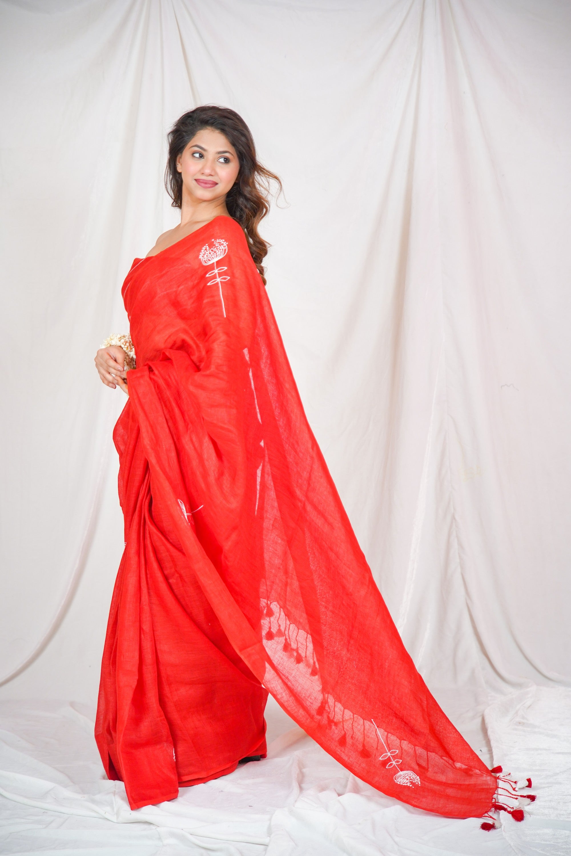 Red Harmony: Embroidered Linen Saree