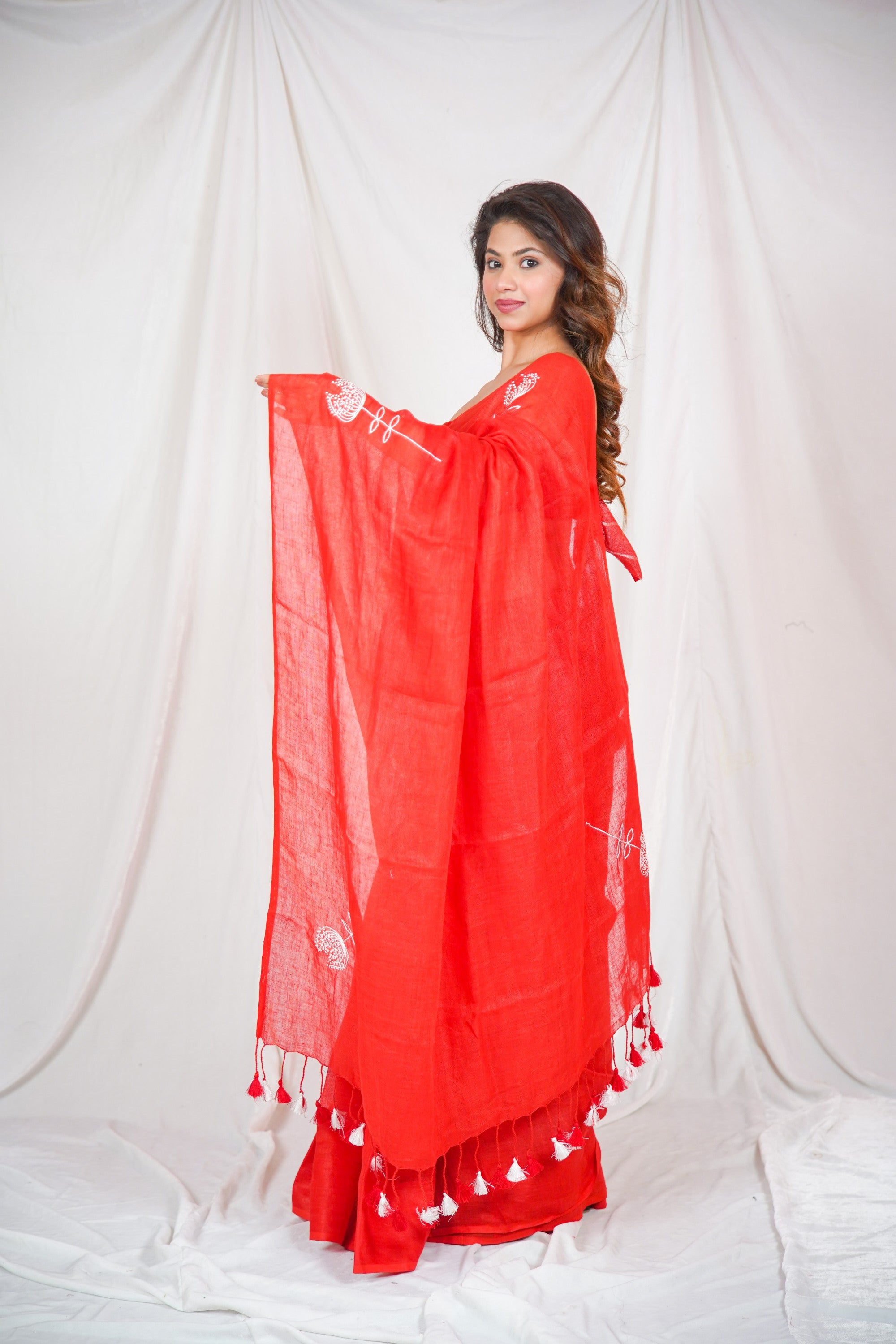 Red Harmony: Embroidered Linen Saree