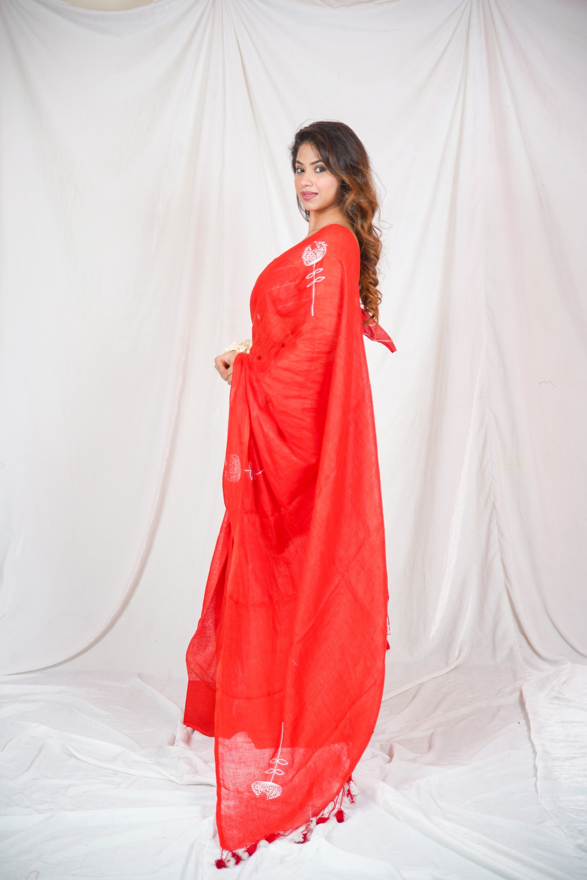 Red Harmony: Embroidered Linen Saree