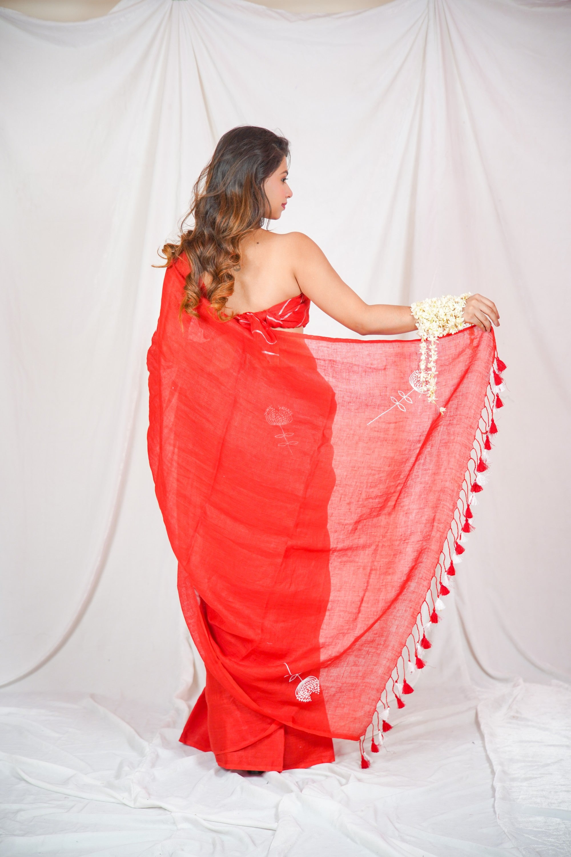 Red Harmony: Embroidered Linen Saree