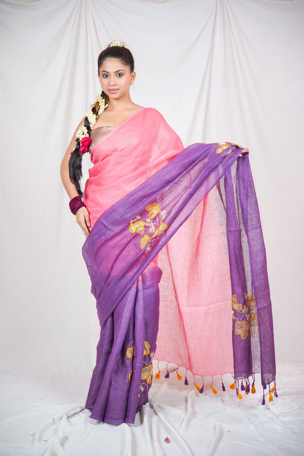 Rose Blush: Two-Toned Linen Saree