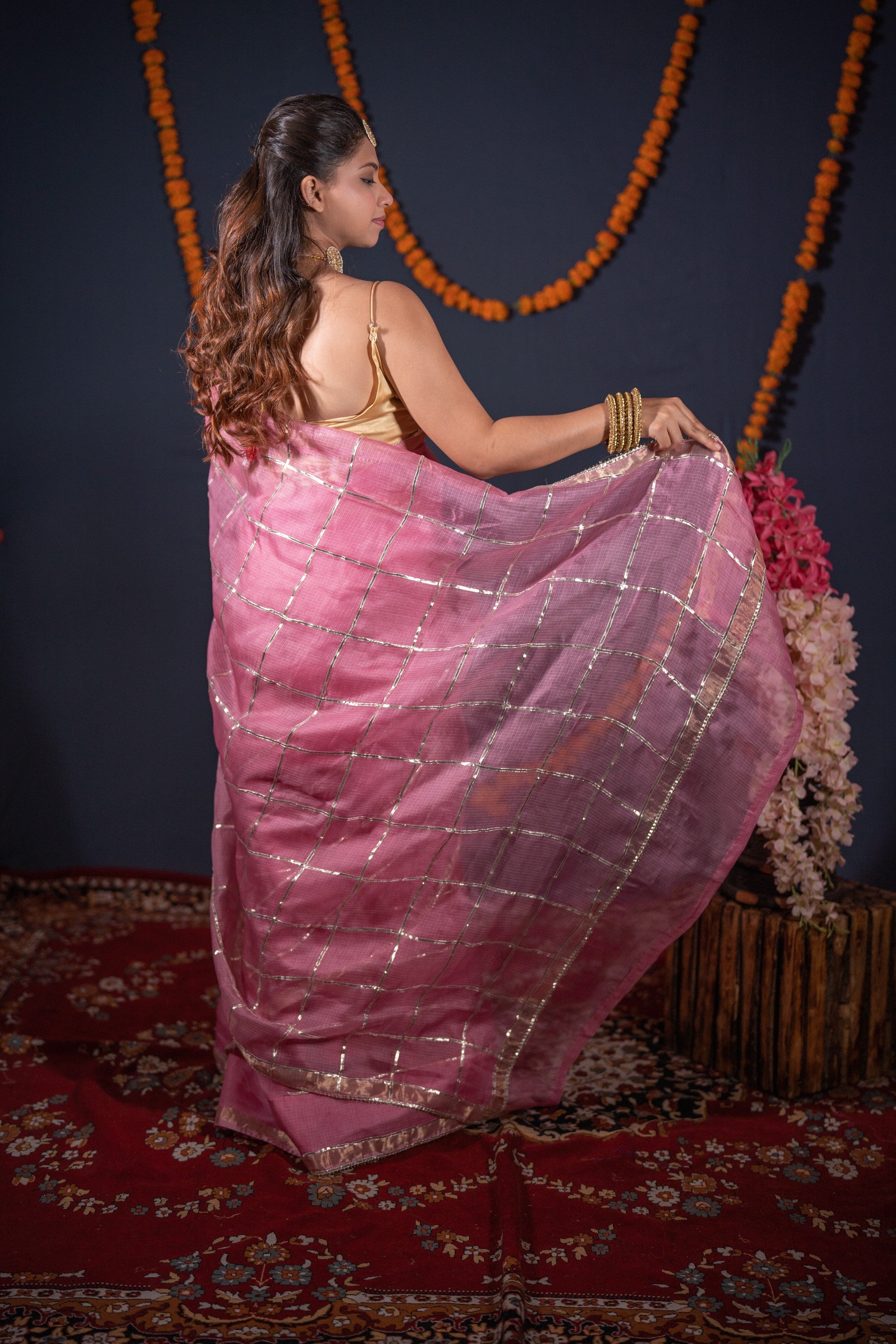 Arpita- Pink Striped Gota Patti Saree