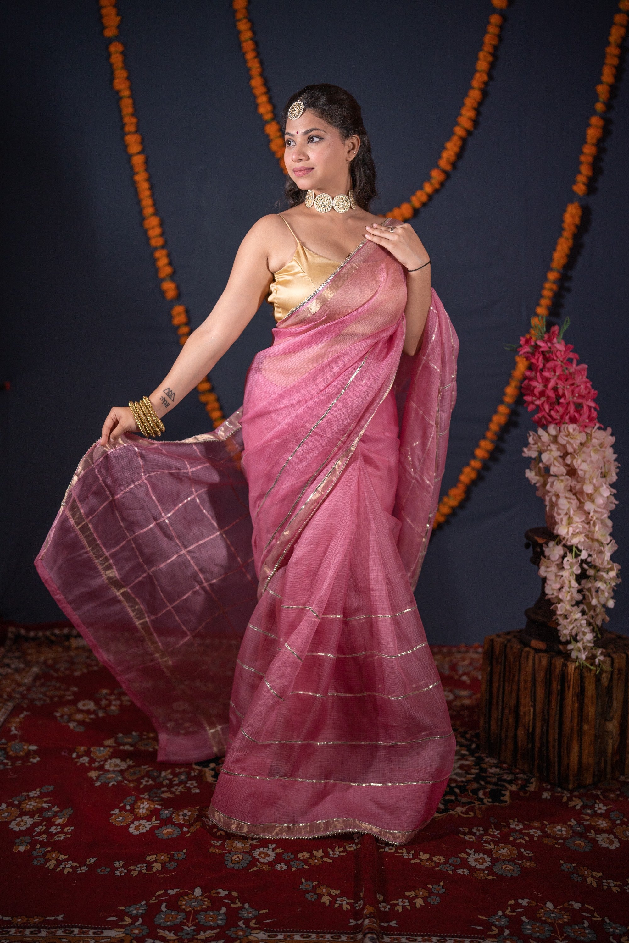 Arpita- Pink Striped Gota Patti Saree