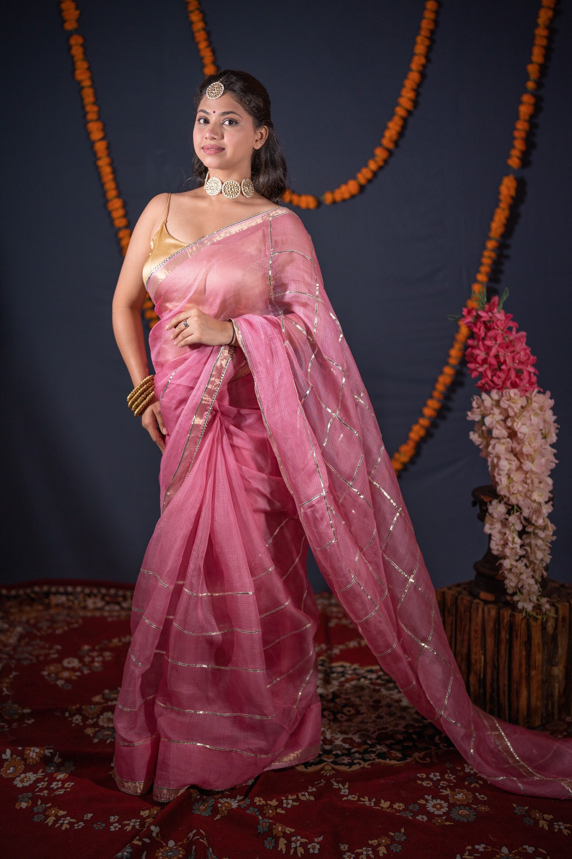 Arpita- Pink Striped Gota Patti Saree