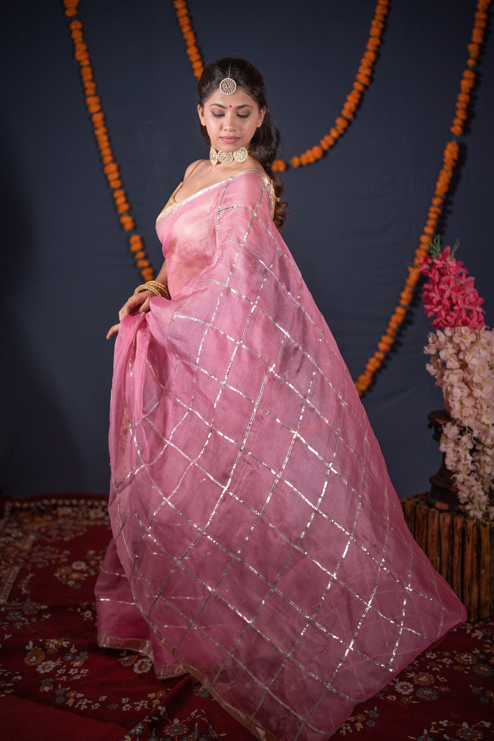 Arpita- Pink Striped Gota Patti Saree