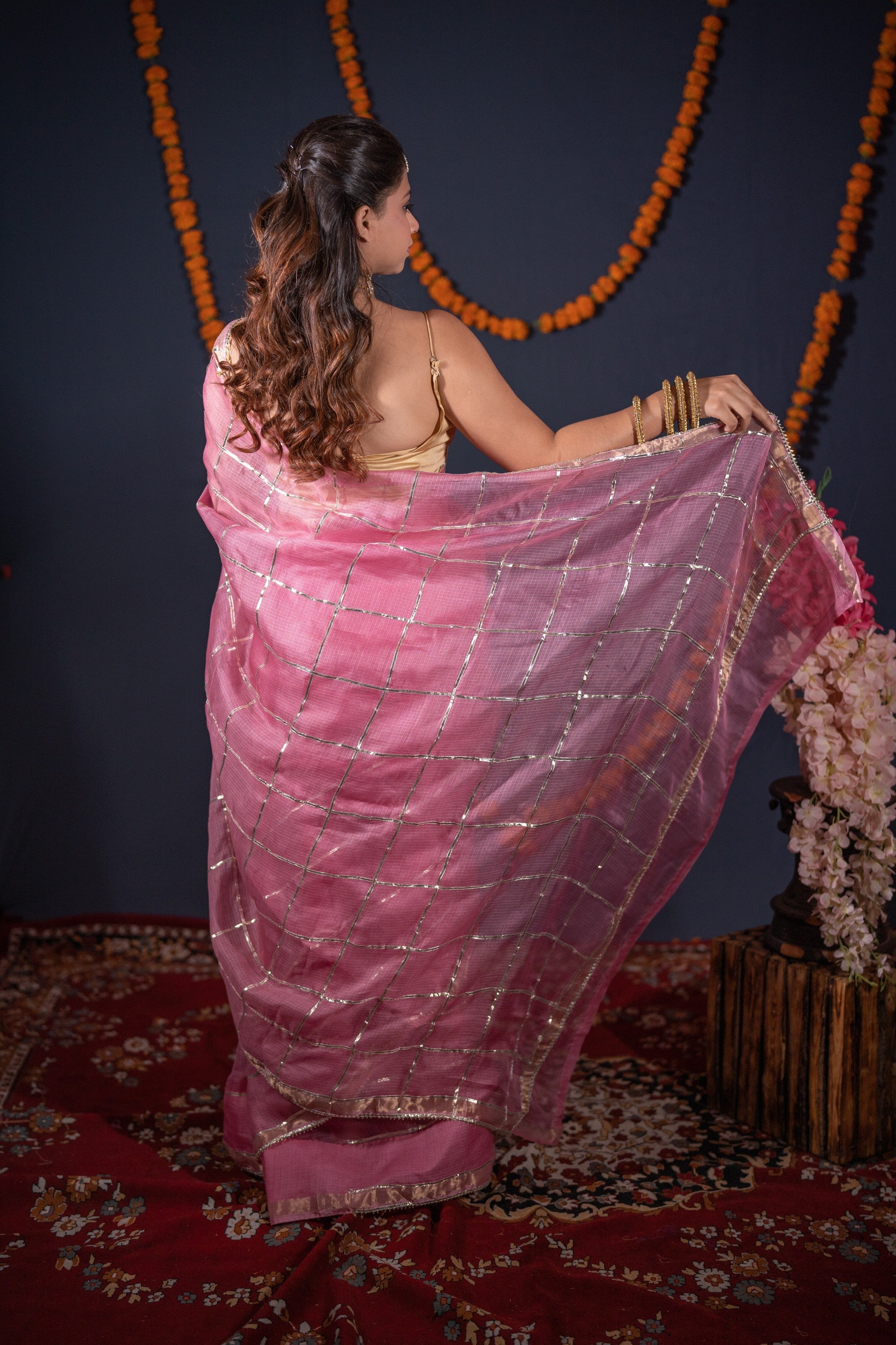 Arpita- Pink Striped Gota Patti Saree