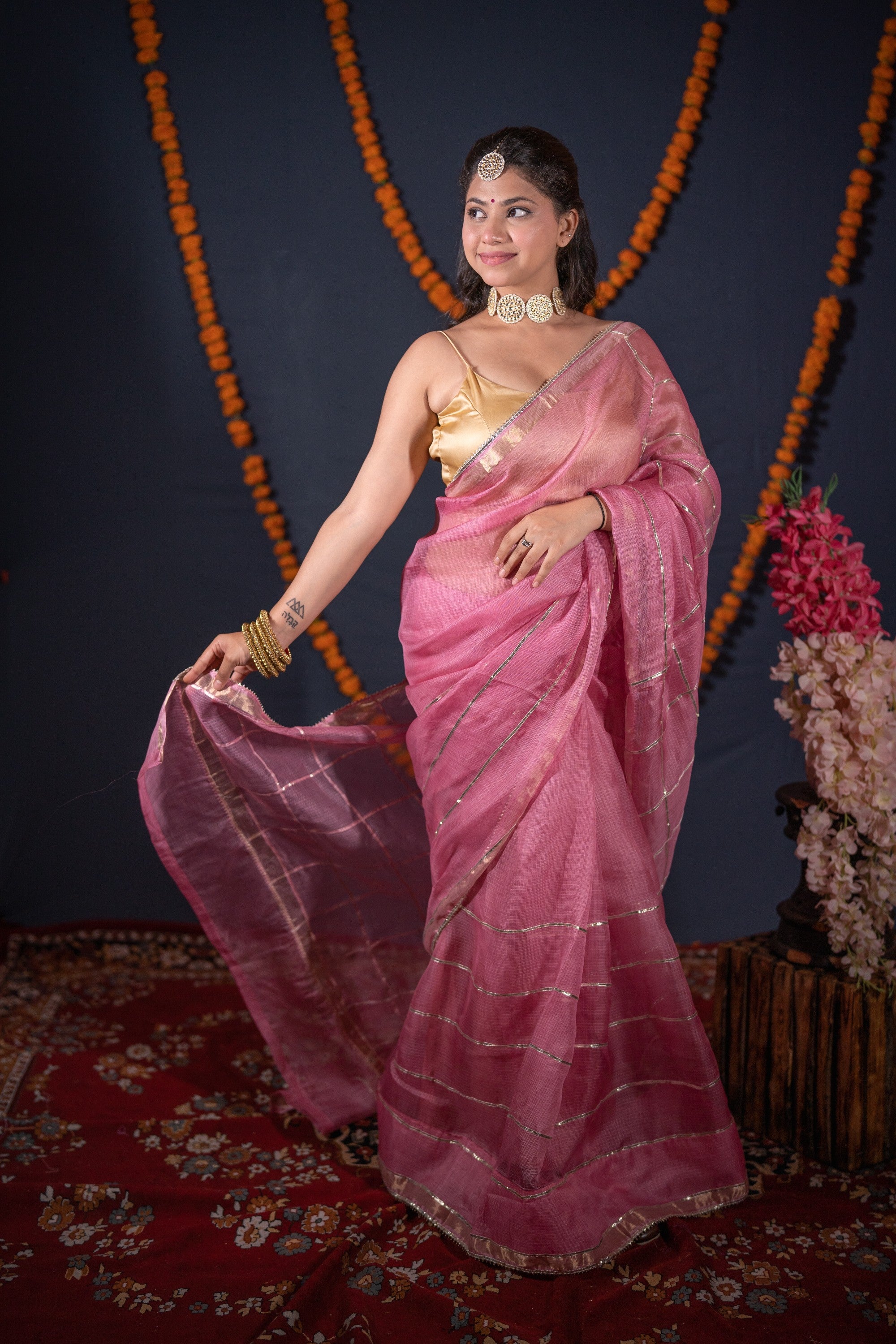 Arpita- Pink Striped Gota Patti Saree