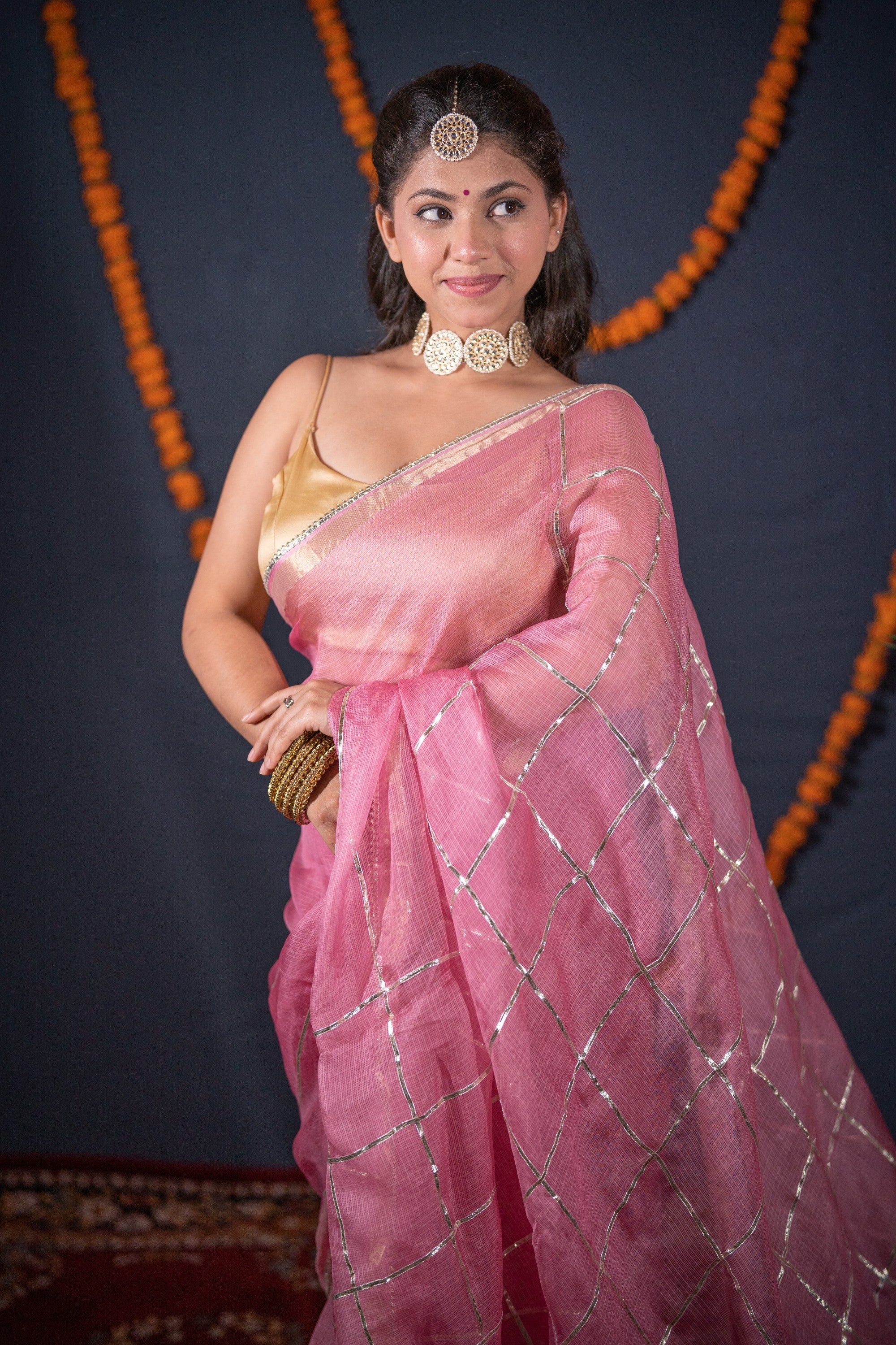 Arpita- Pink Striped Gota Patti Saree