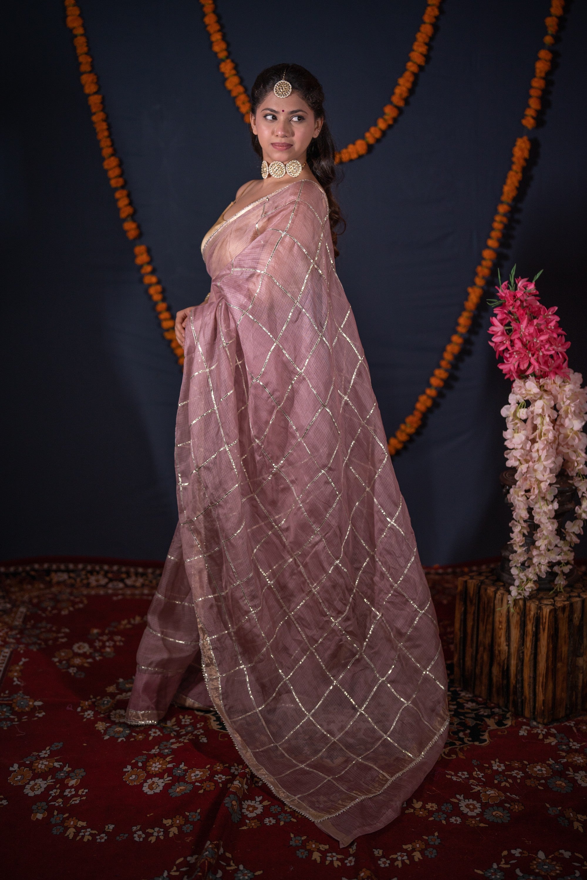 Aarushi- Mauve Striped Gota Patti Saree