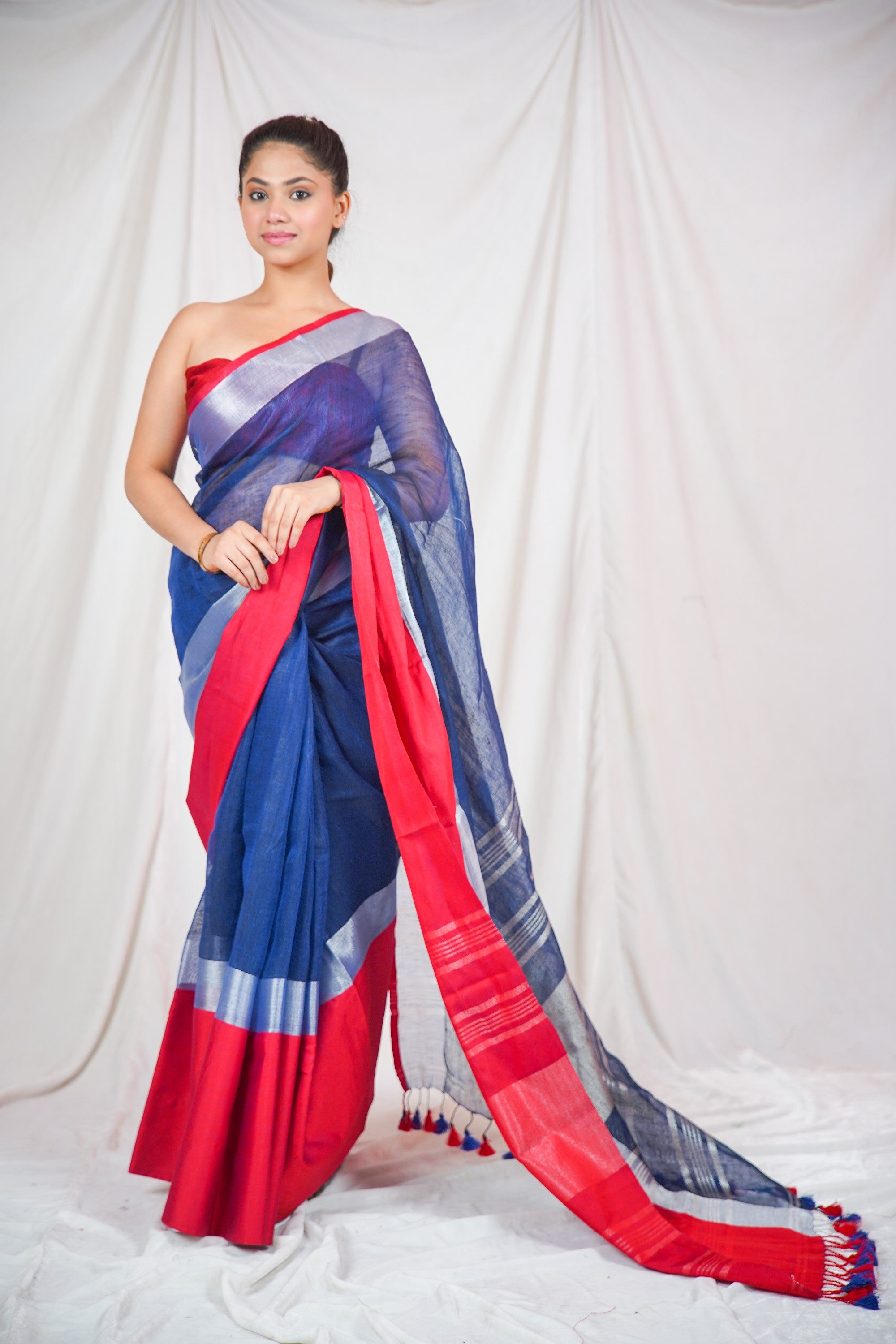 Oceanic Red- Blue Linen Saree