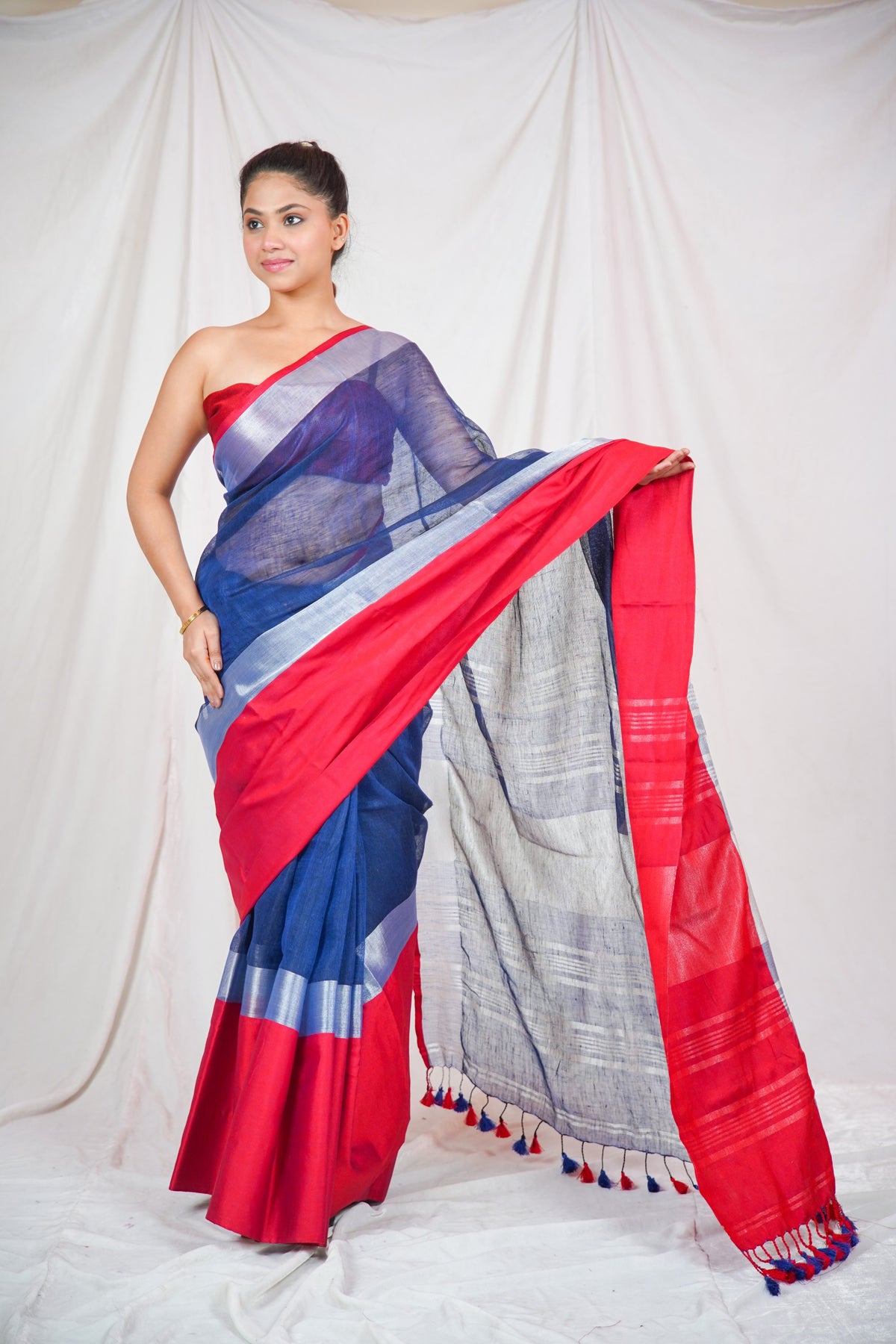 Oceanic Red- Blue Linen Saree