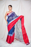 Oceanic Red- Blue Linen Saree