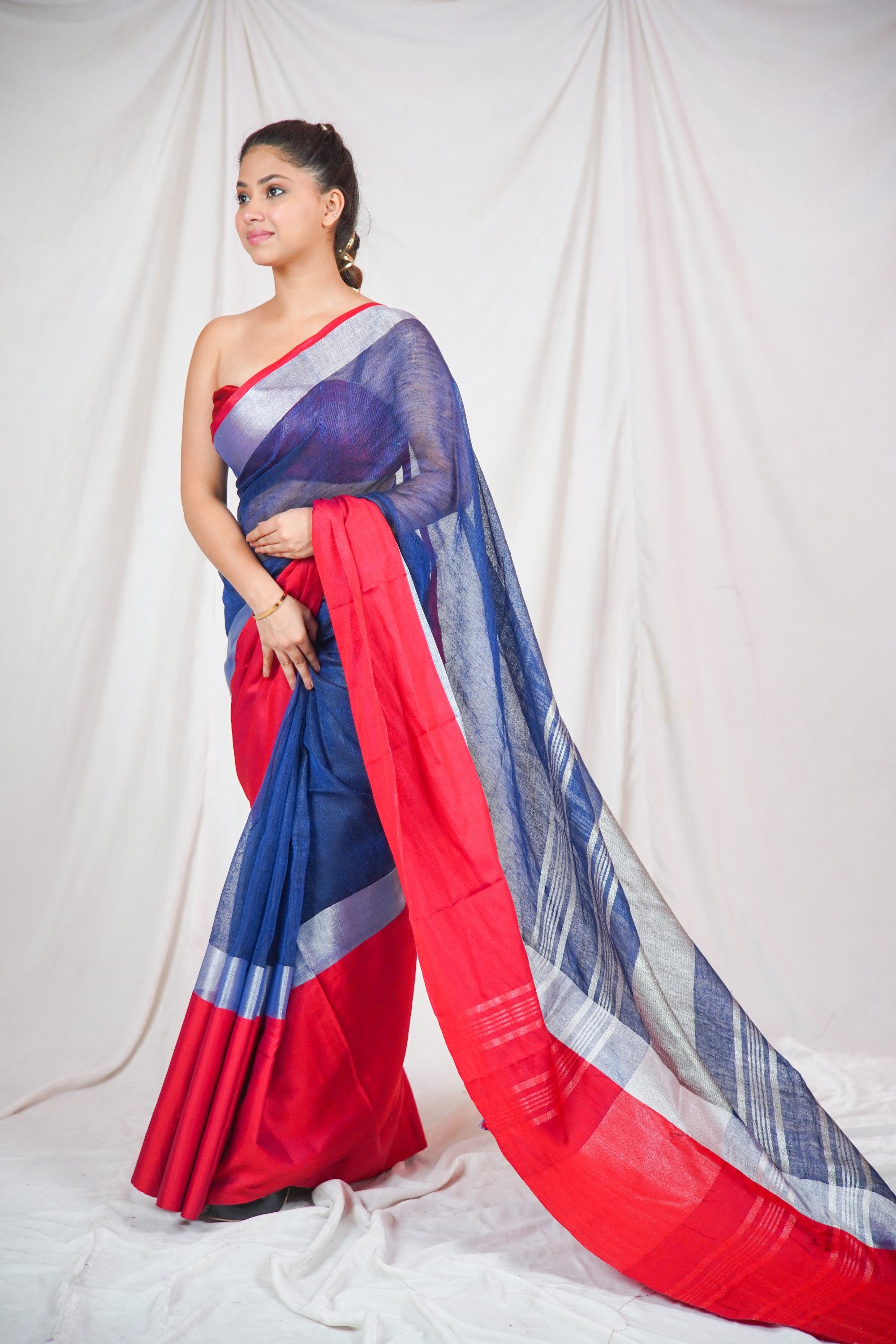 Oceanic Red- Blue Linen Saree