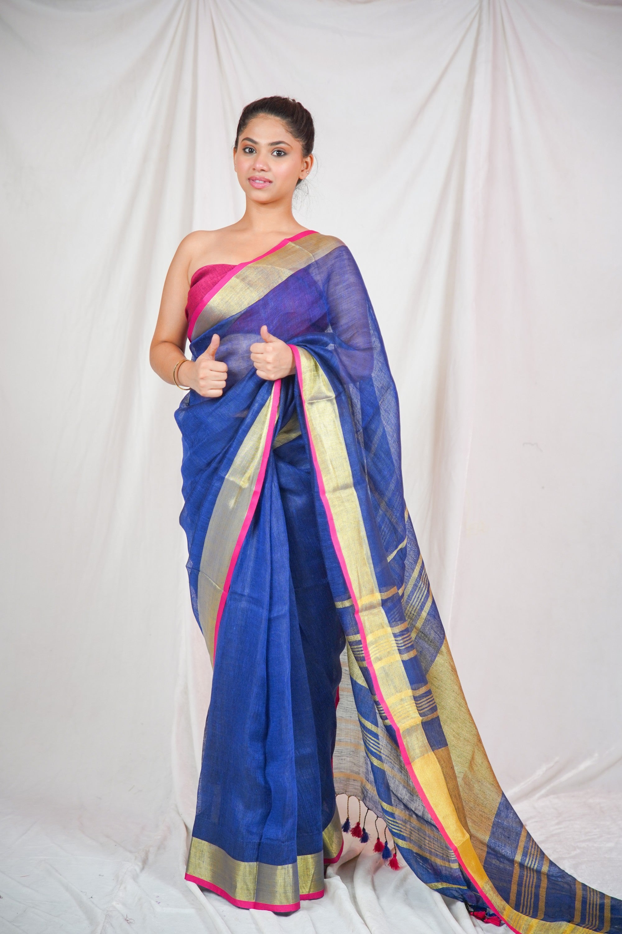 Sapphire Splendor- Blue Linen Saree