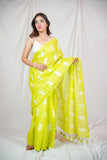 Leafy Radiance - Embroidered Green Linen Saree