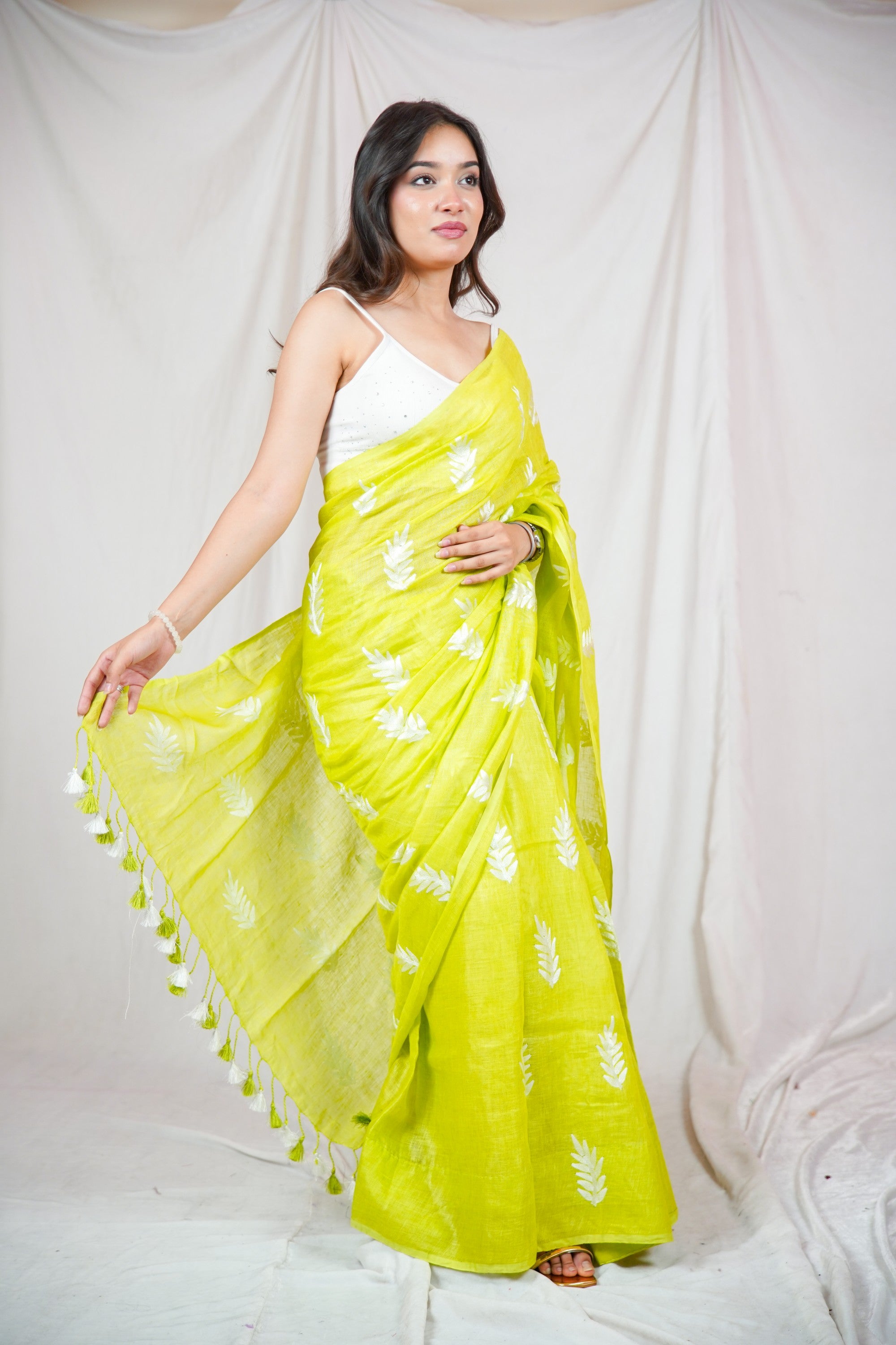 Leafy Radiance - Embroidered Green Linen Saree