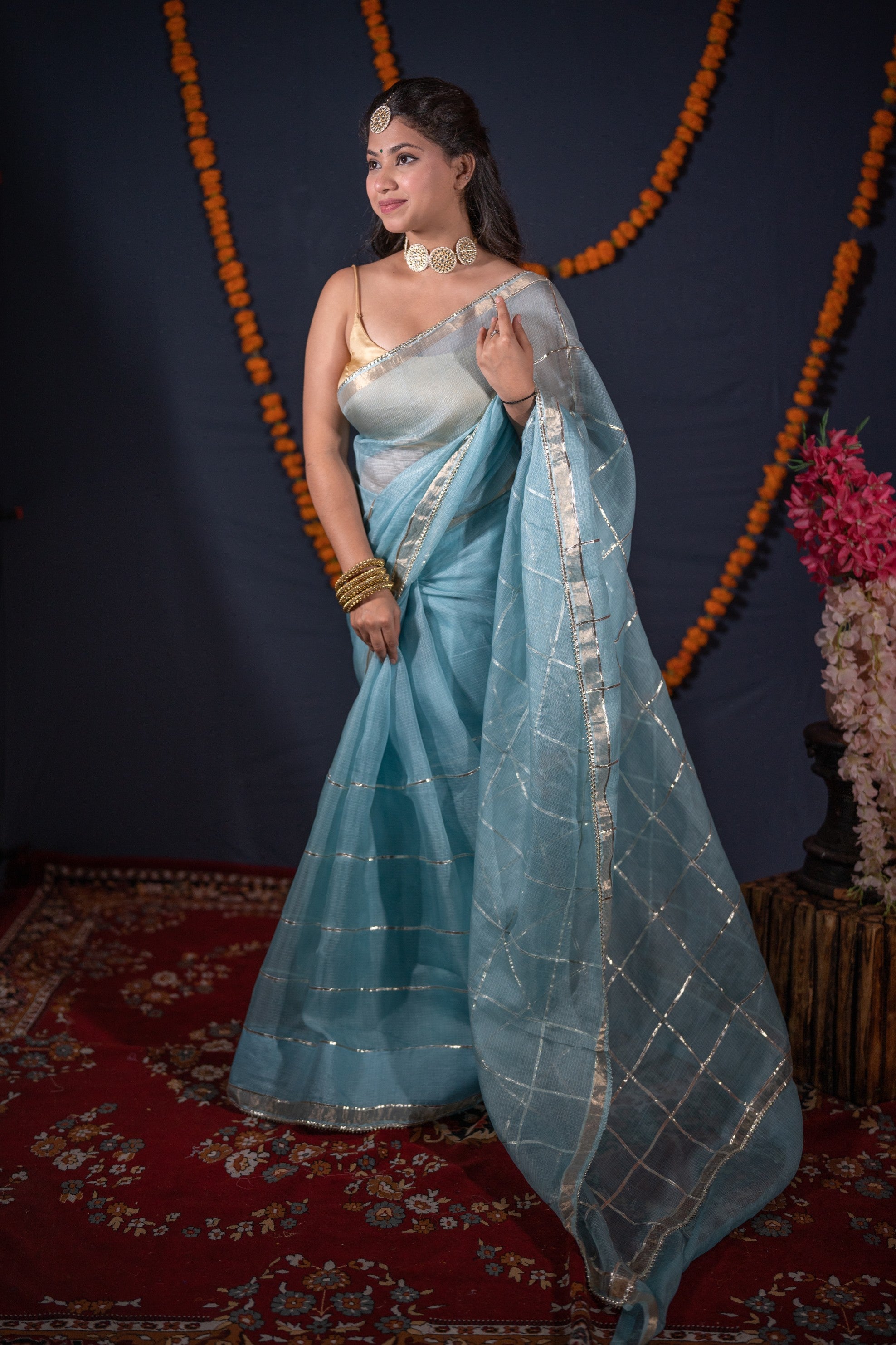 Aakashi- Blue Striped Gota Patti Saree