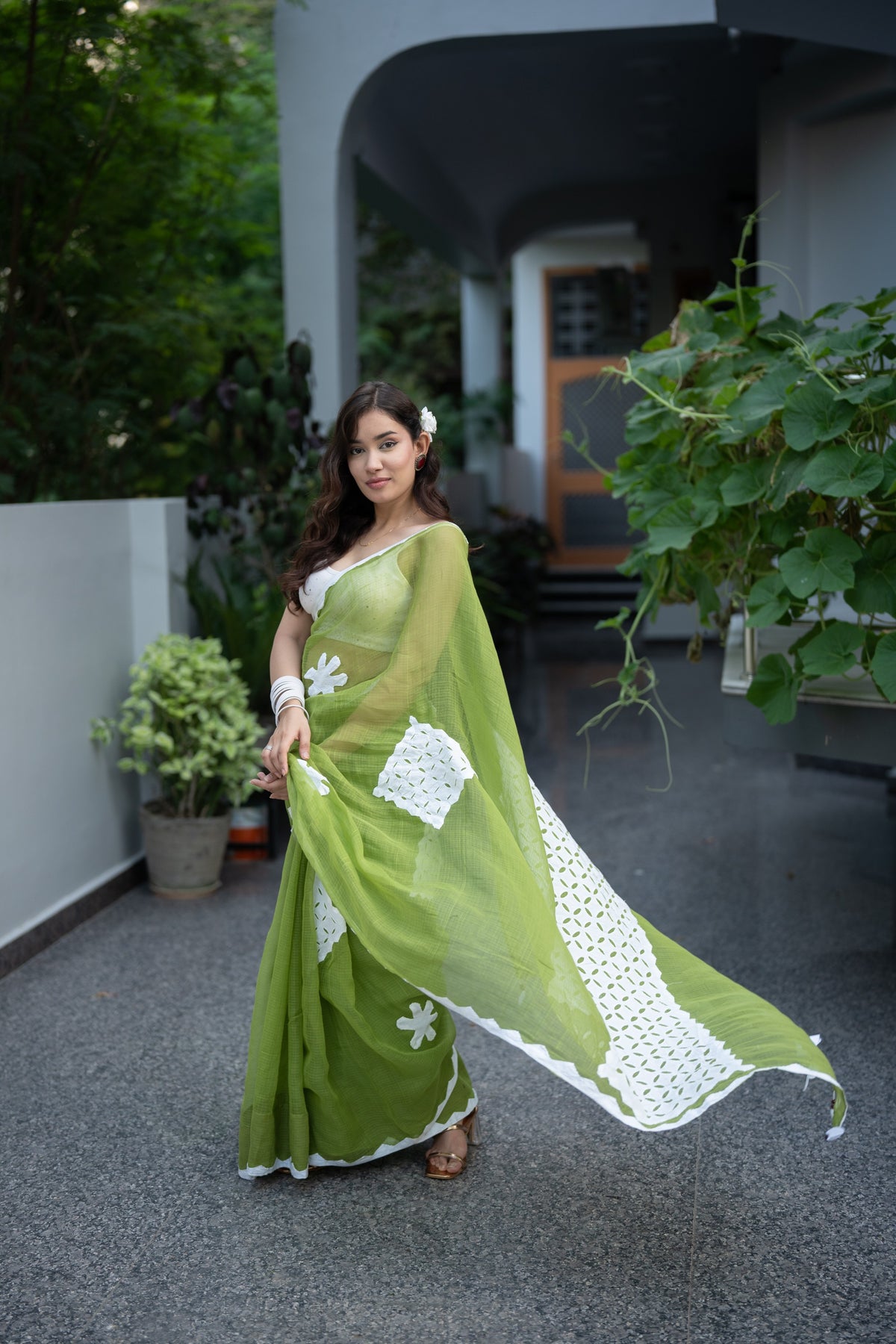 Lavanya - Green Applique Kota Doria Saree