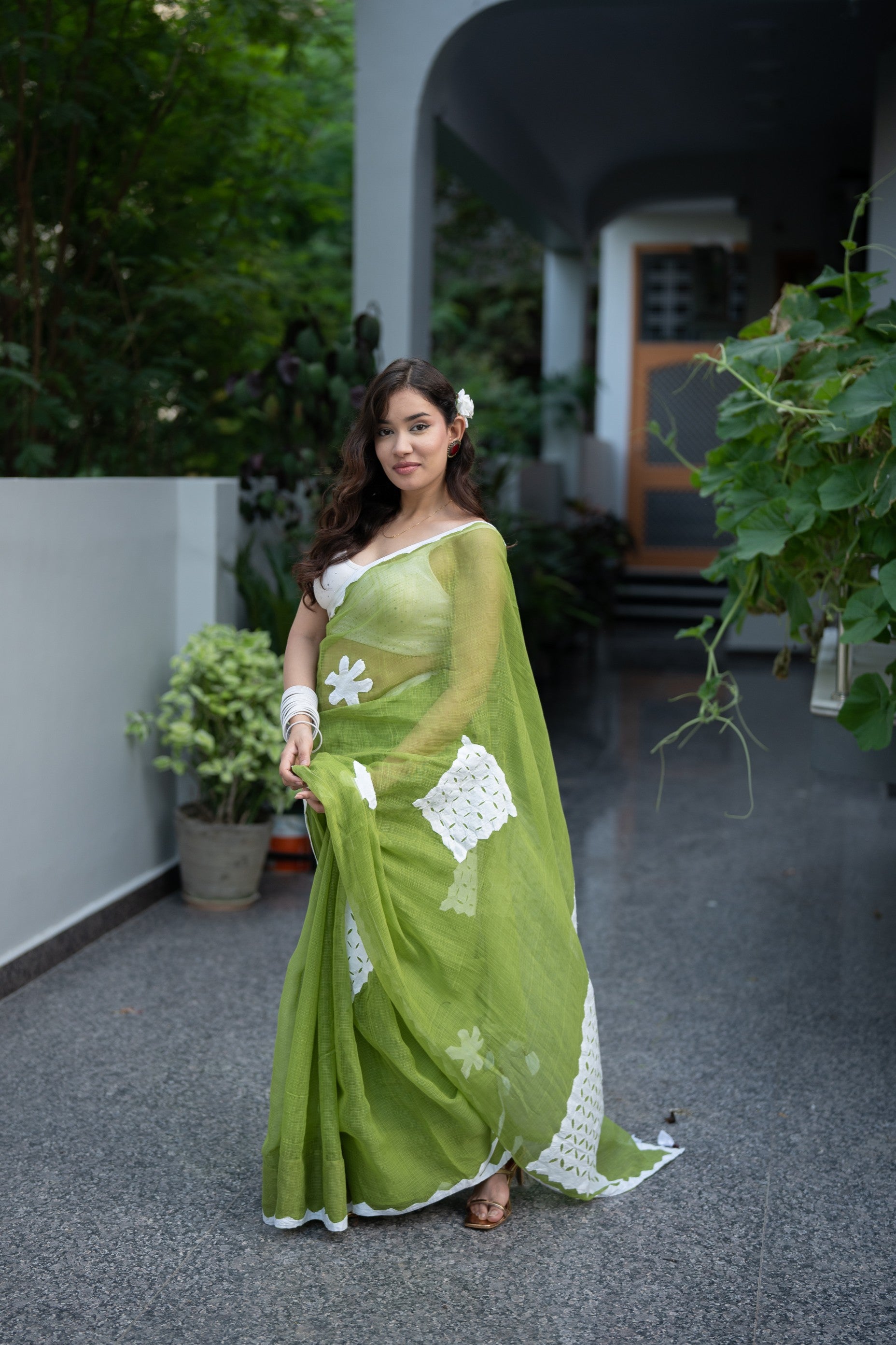 Lavanya - Green Applique Kota Doria Saree