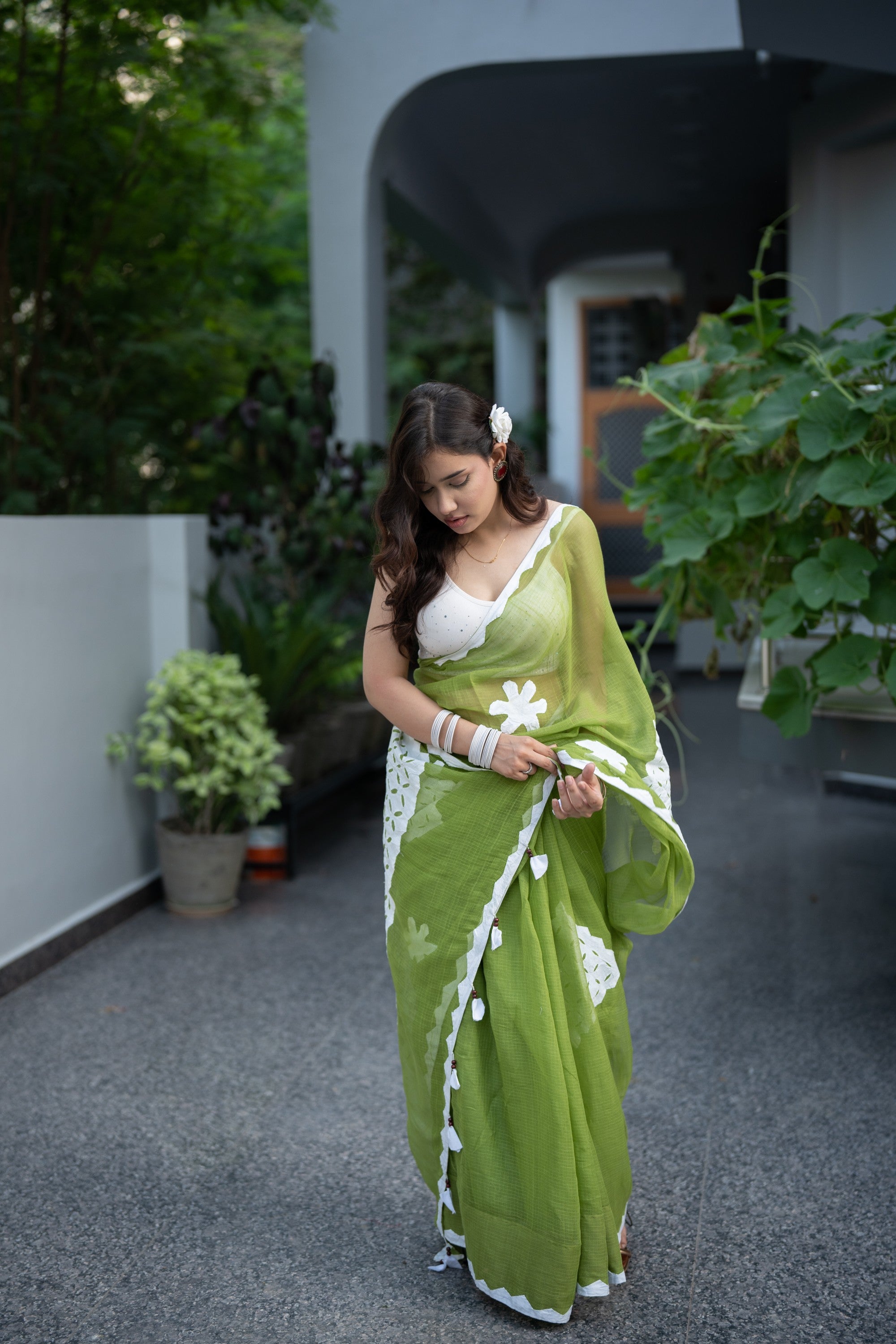 Lavanya - Green Applique Kota Doria Saree