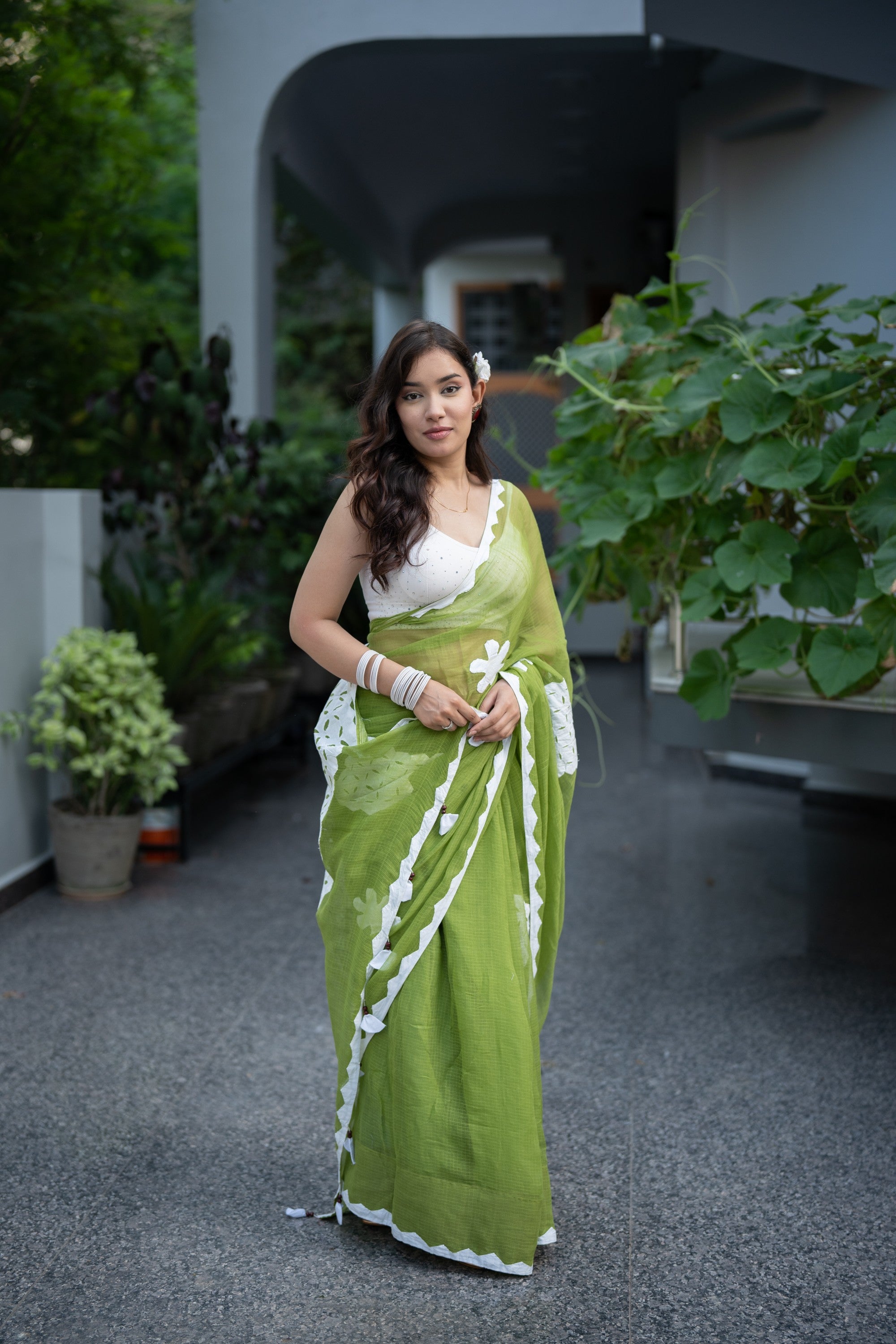 Lavanya - Green Applique Kota Doria Saree