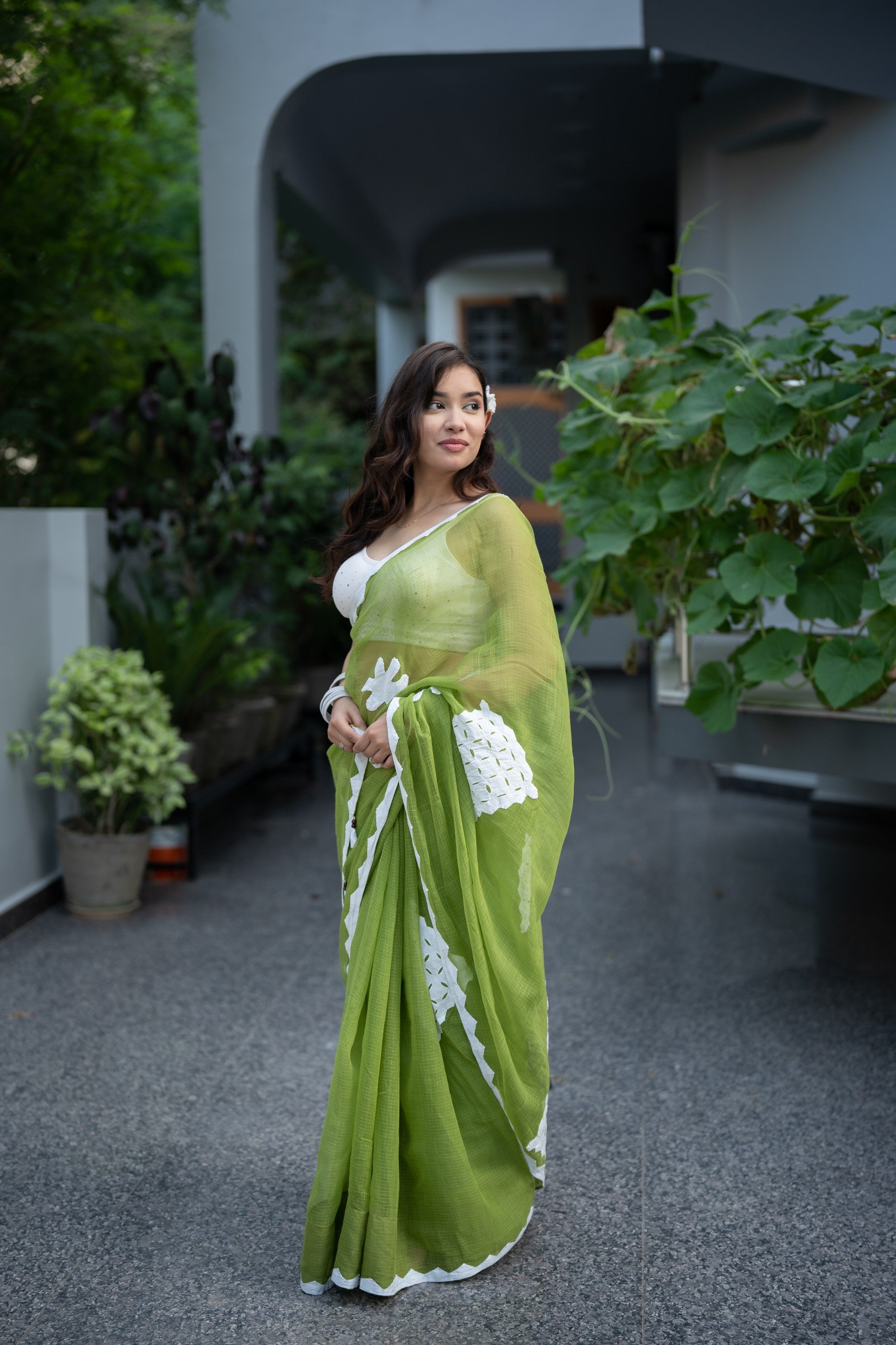 Lavanya - Green Applique Kota Doria Saree