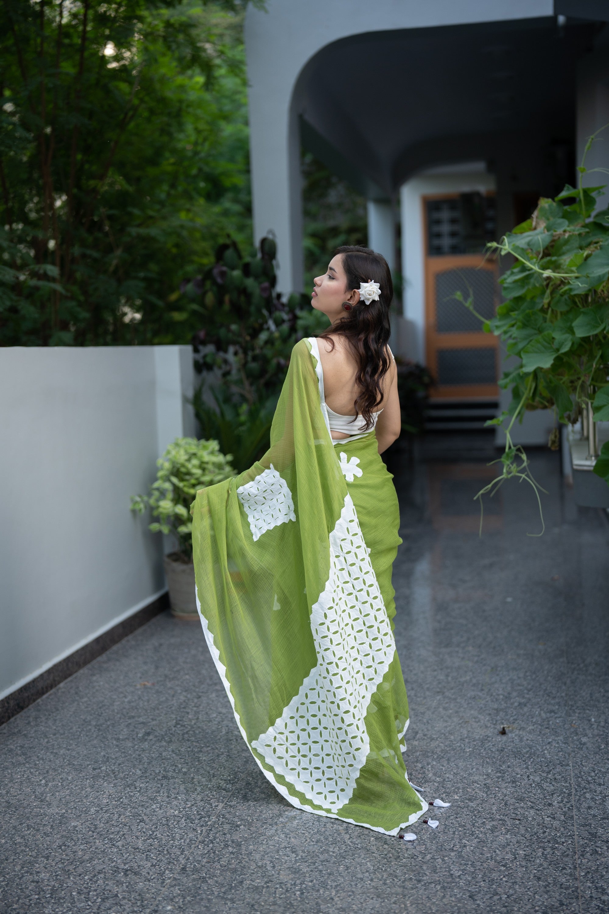 Lavanya - Green Applique Kota Doria Saree