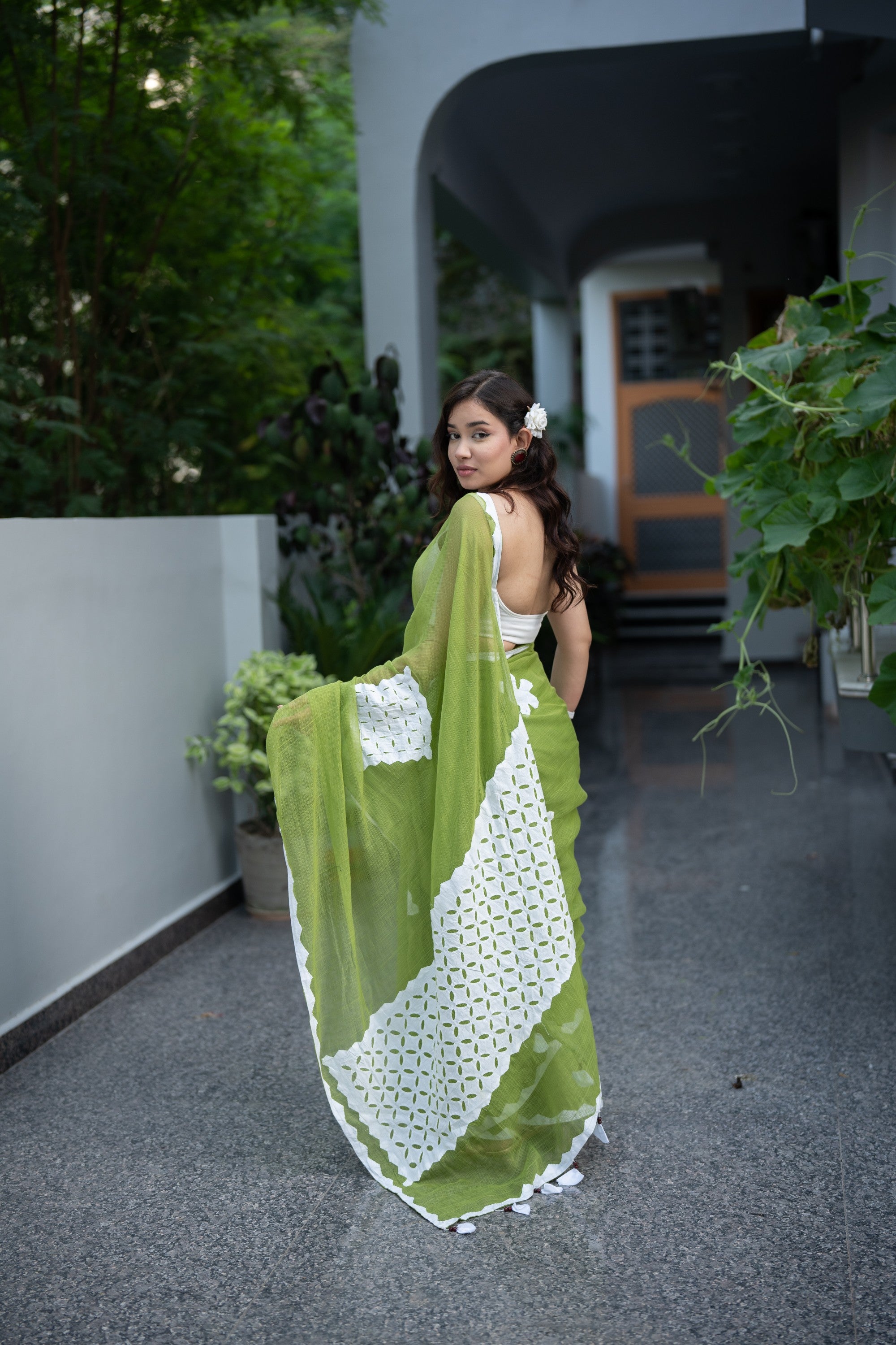 Lavanya - Green Applique Kota Doria Saree