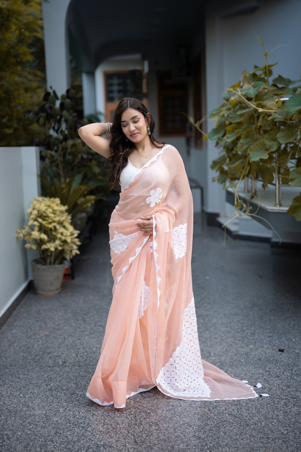 Myraa- Peach Saree with white applique work