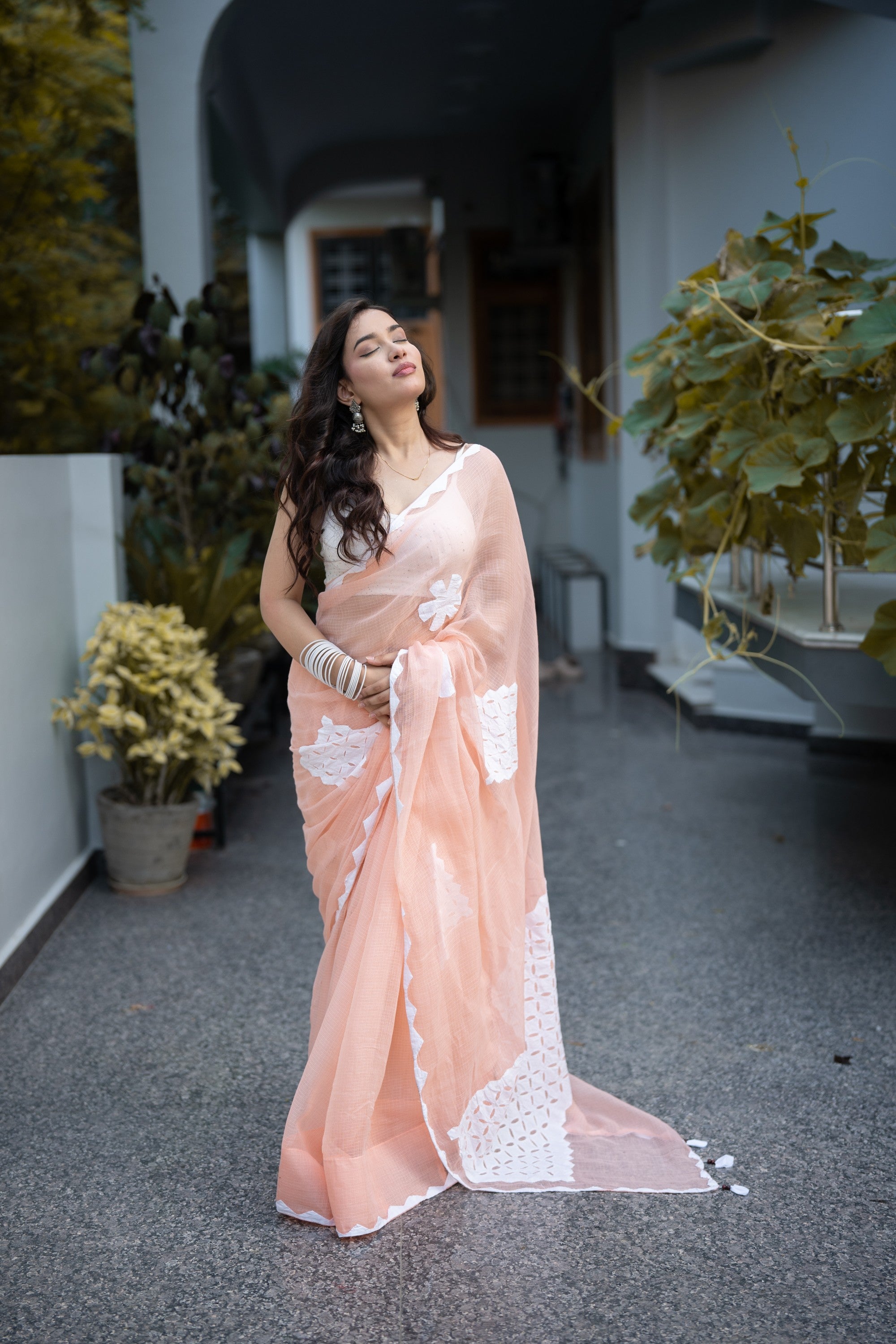 Myraa- Peach Saree with white applique work