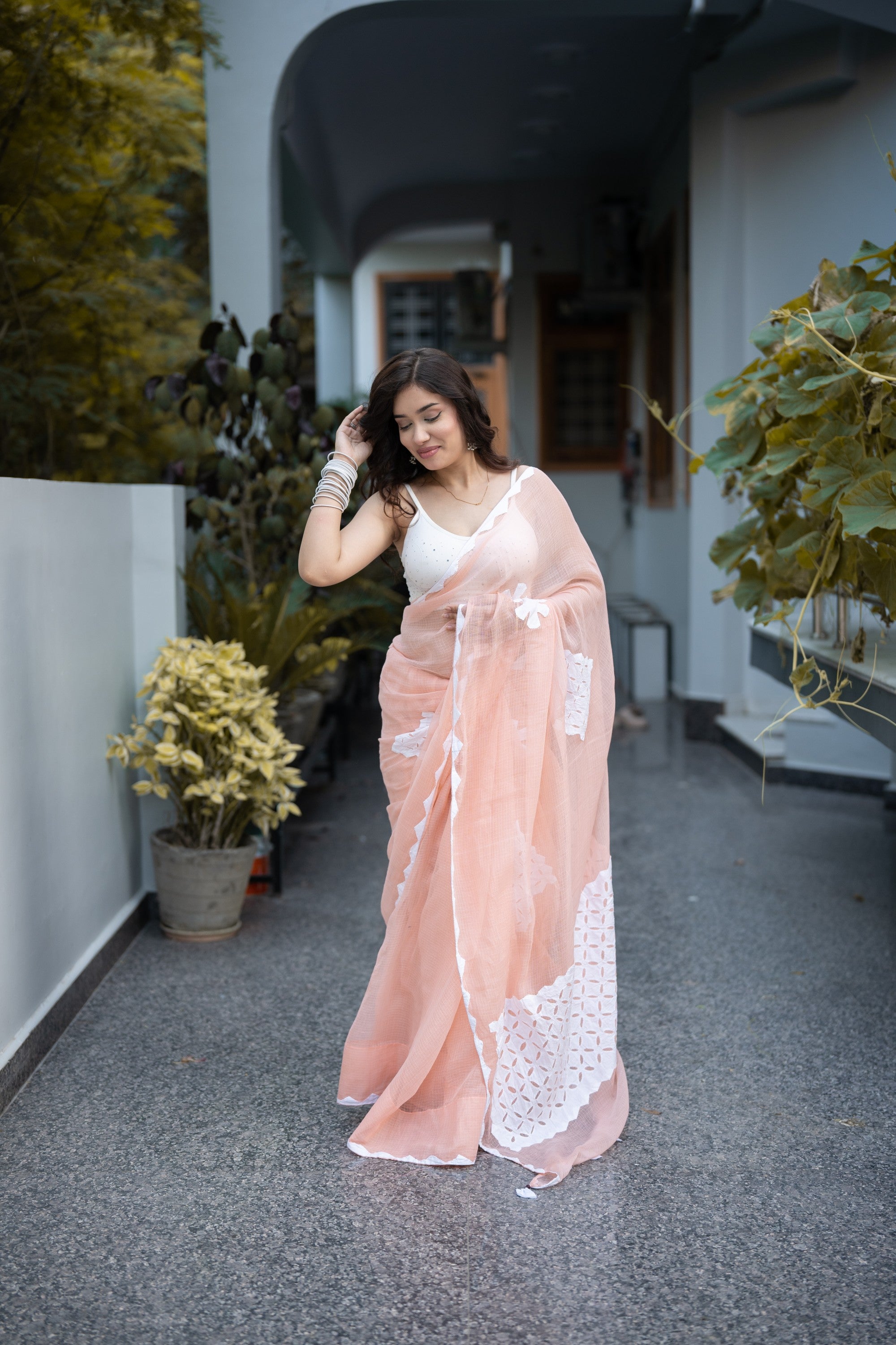 Myraa- Peach Saree with white applique work