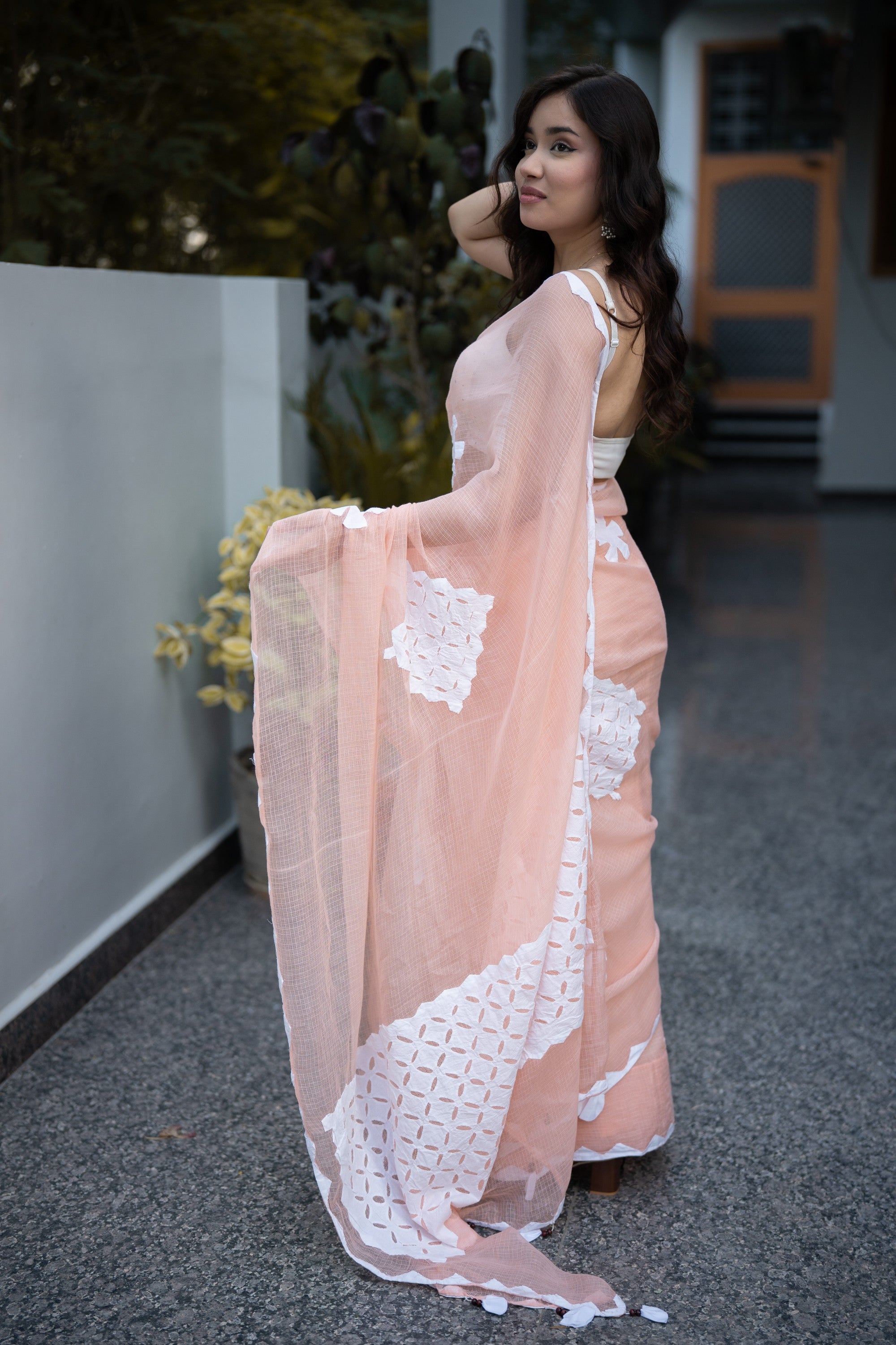 Myraa- Peach Saree with white applique work