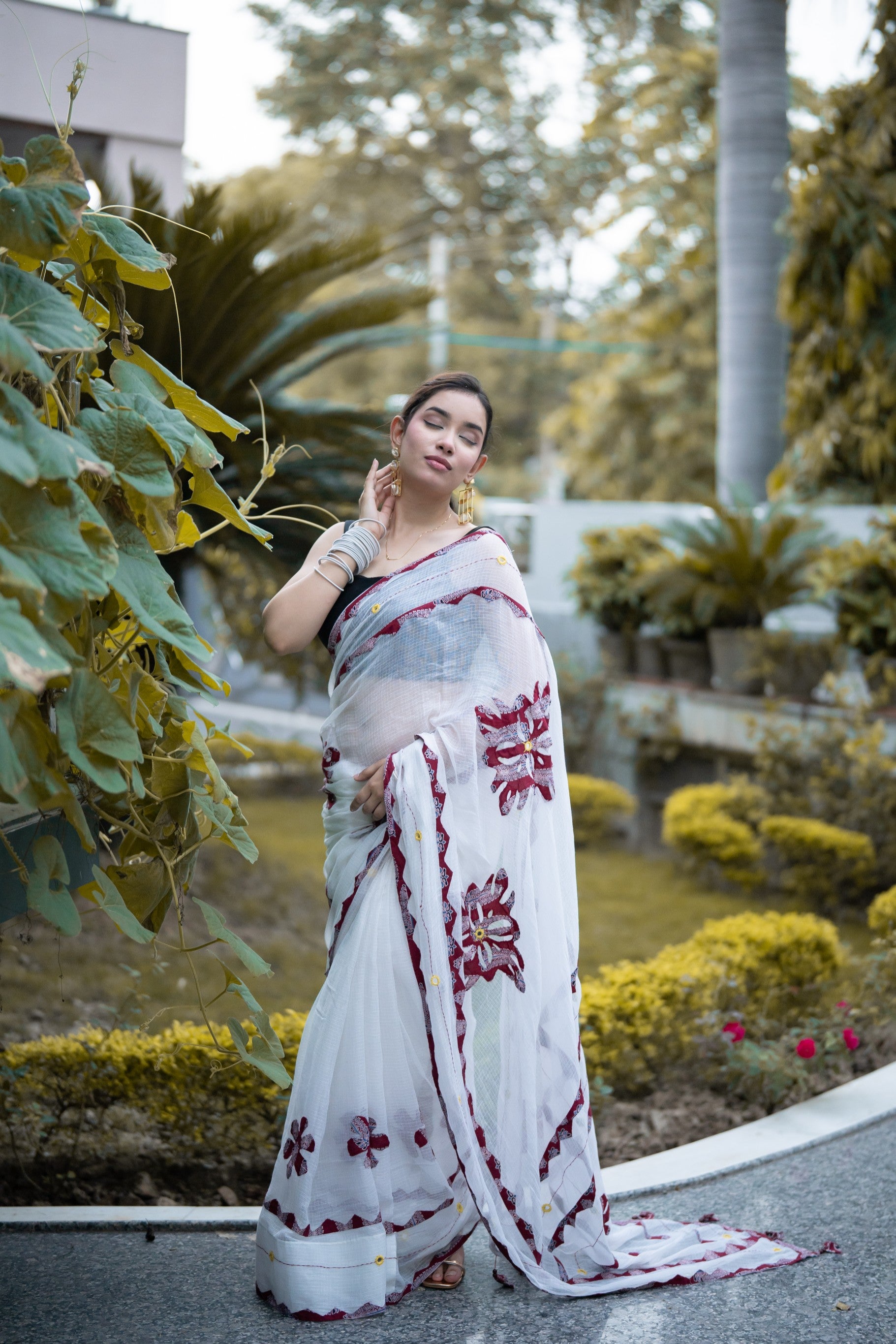 Alishka - White Saree with Ajrakh Applique