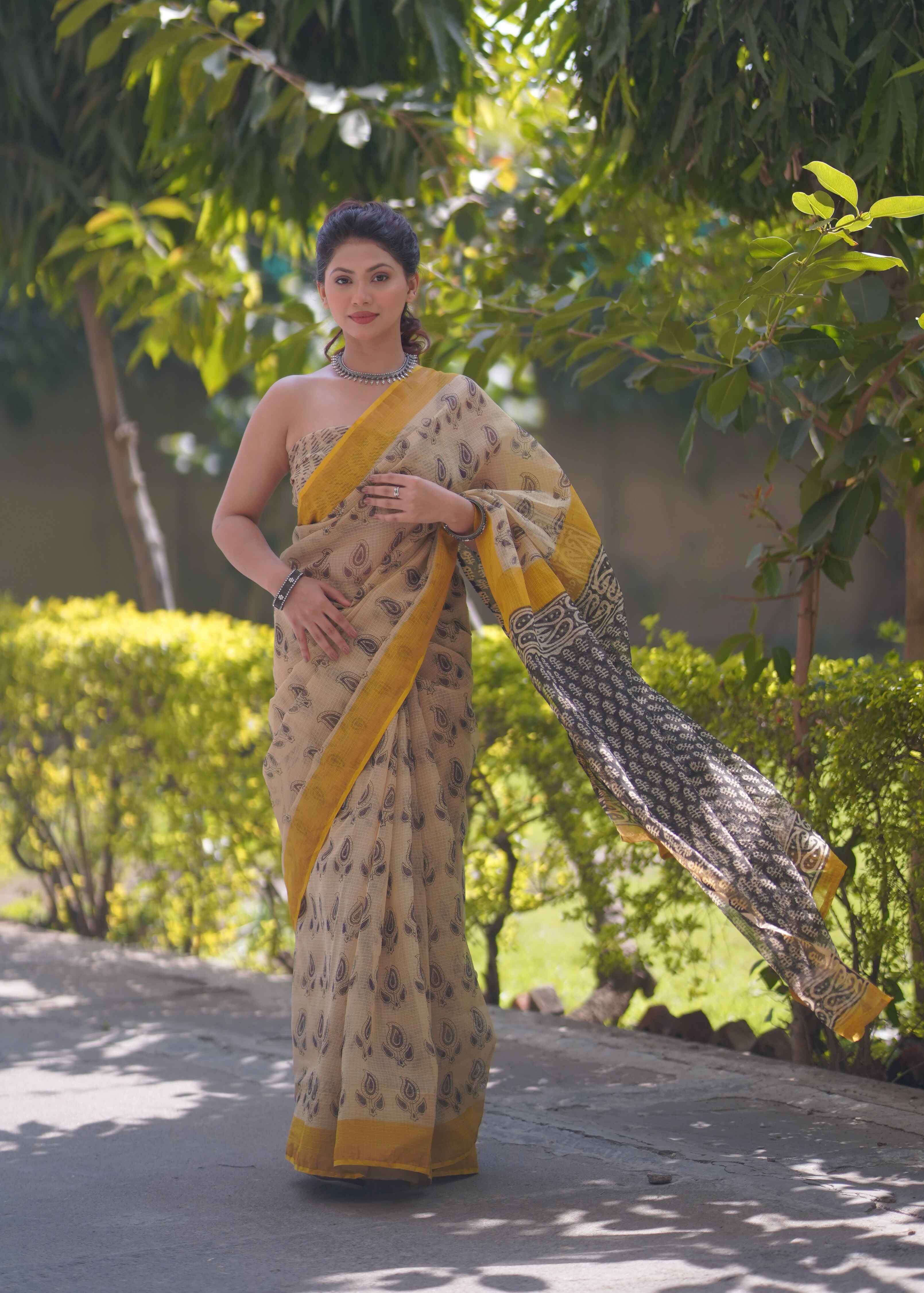 Pankhudi- Cream Saree with Yellow Border