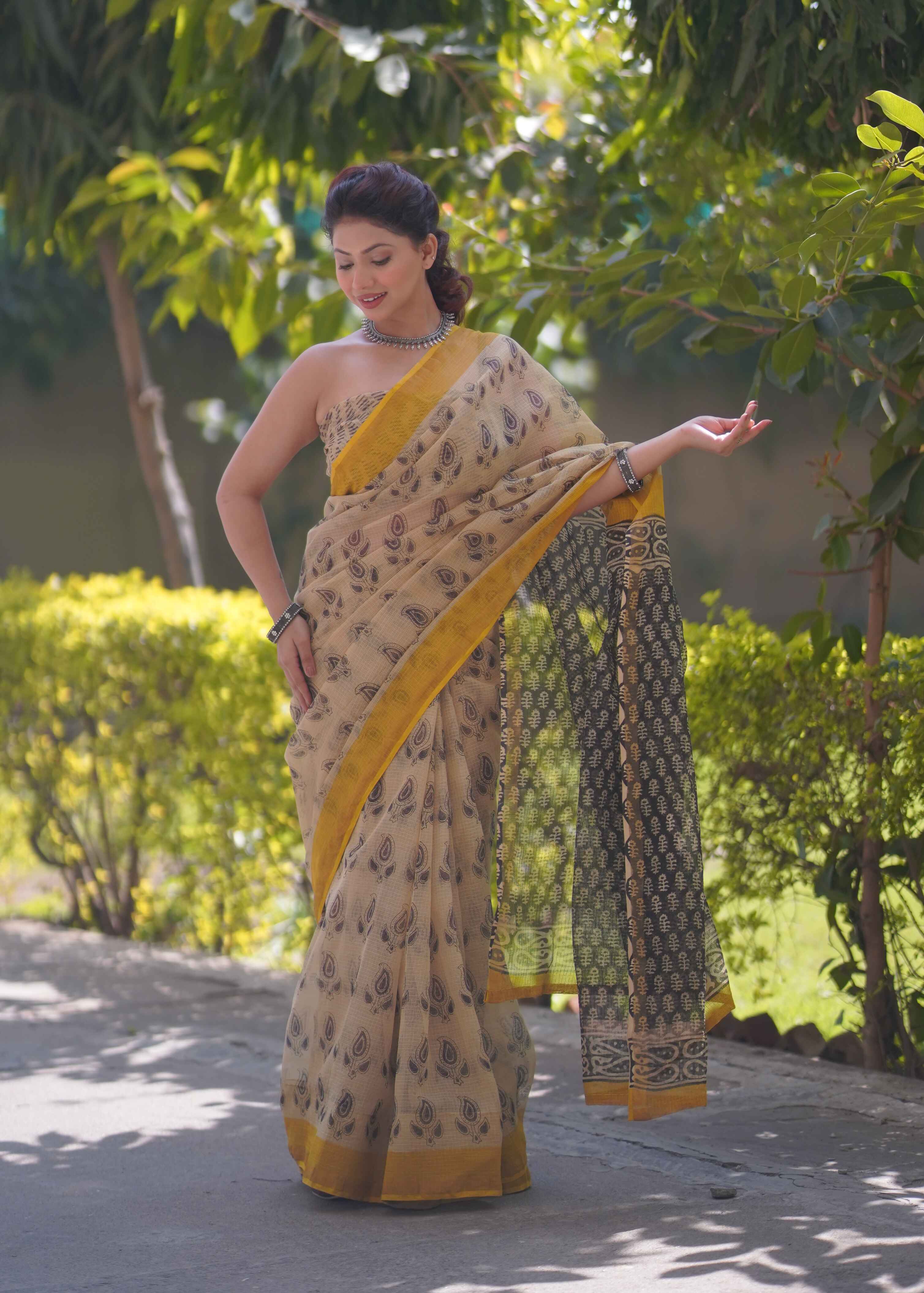 Pankhudi- Cream Saree with Yellow Border