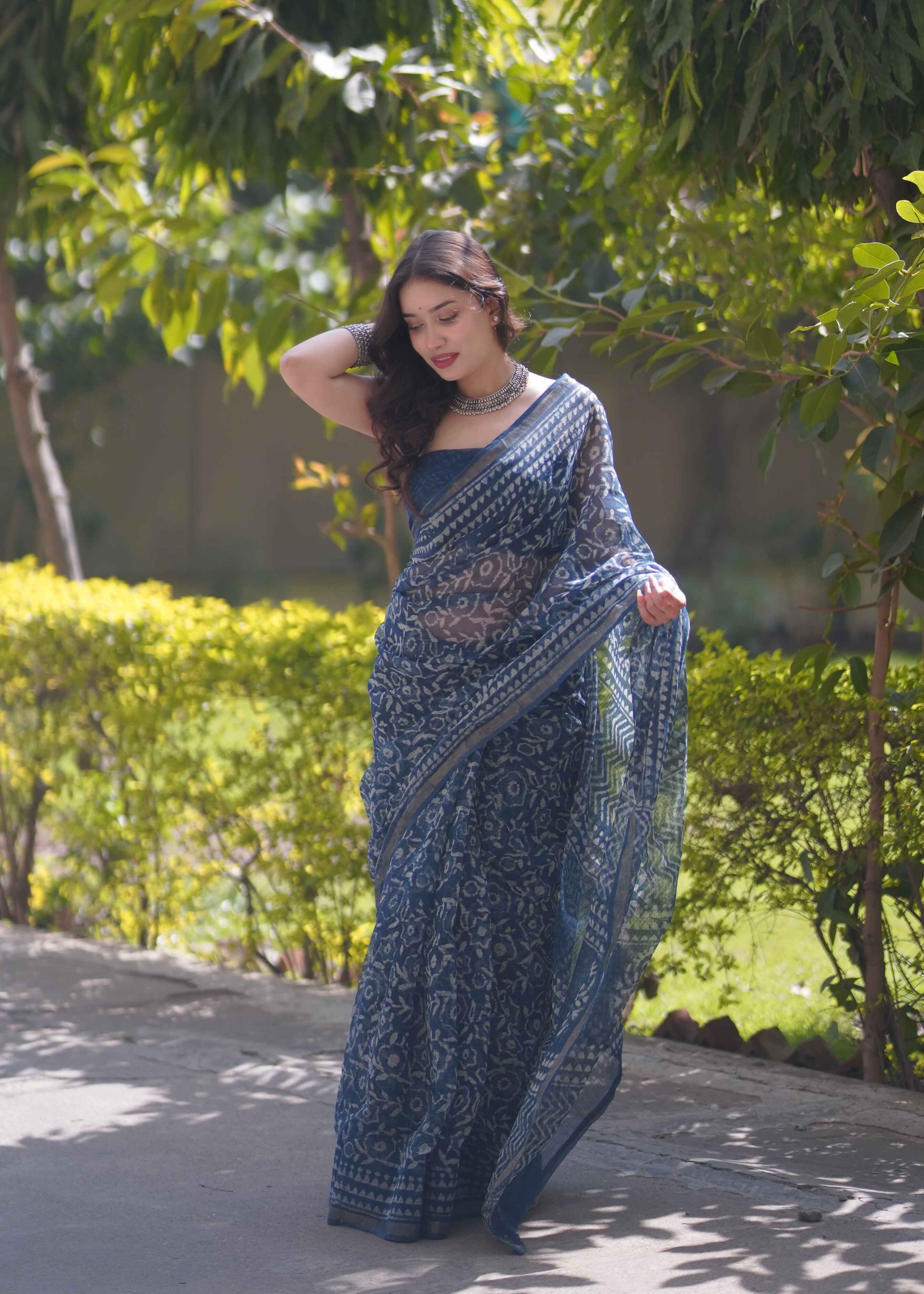 Sanjh Phool - Indigo Floral Kota Doria Saree