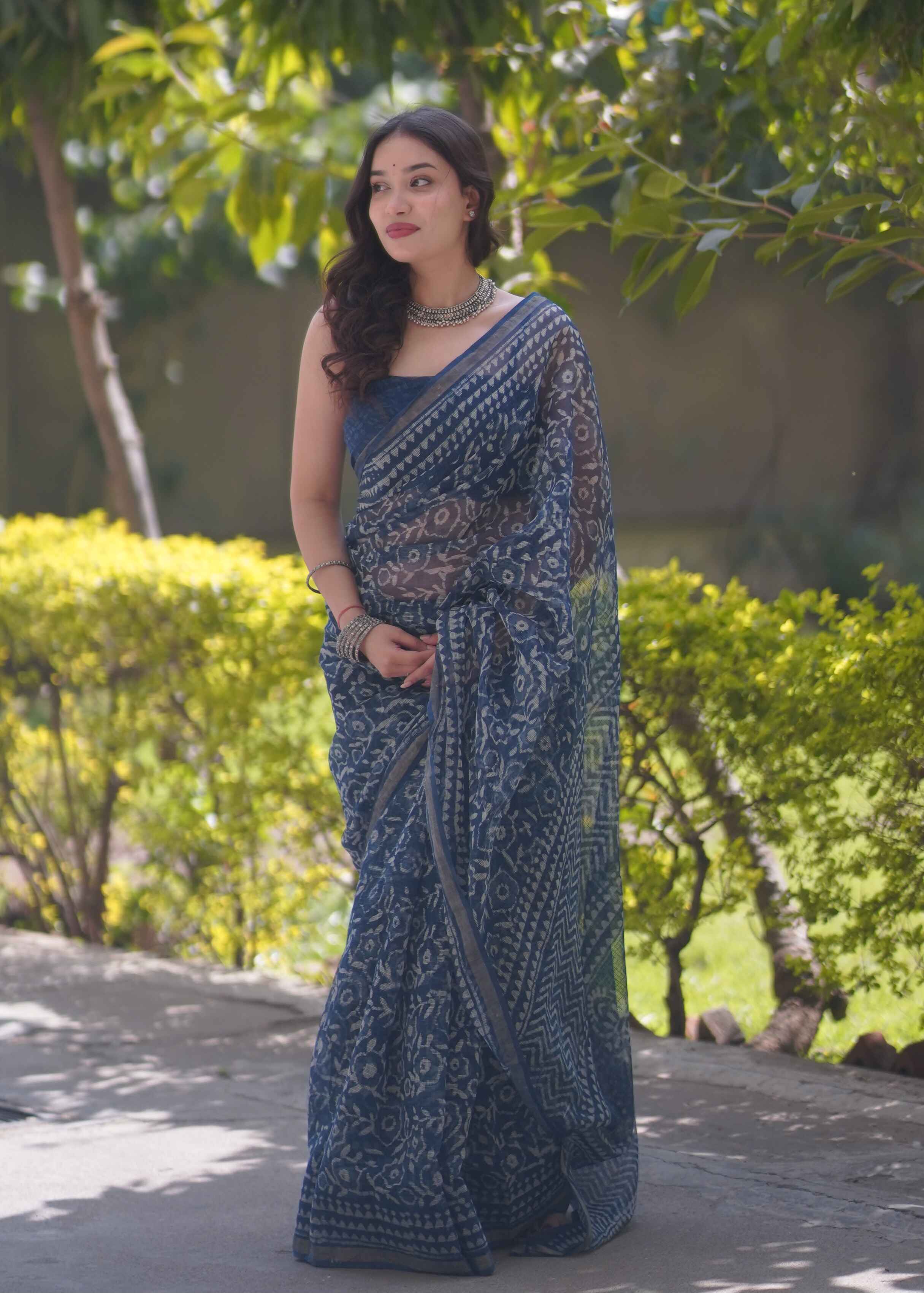 Sanjh Phool - Indigo Floral Kota Doria Saree