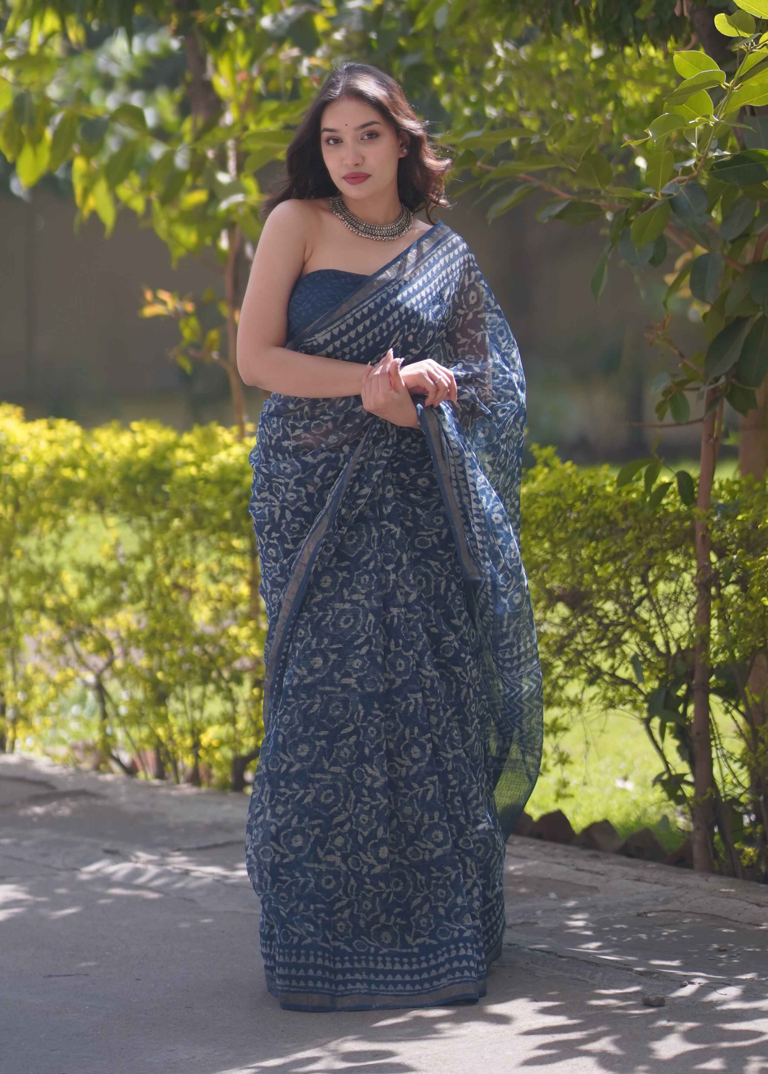 Sanjh Phool - Indigo Floral Kota Doria Saree