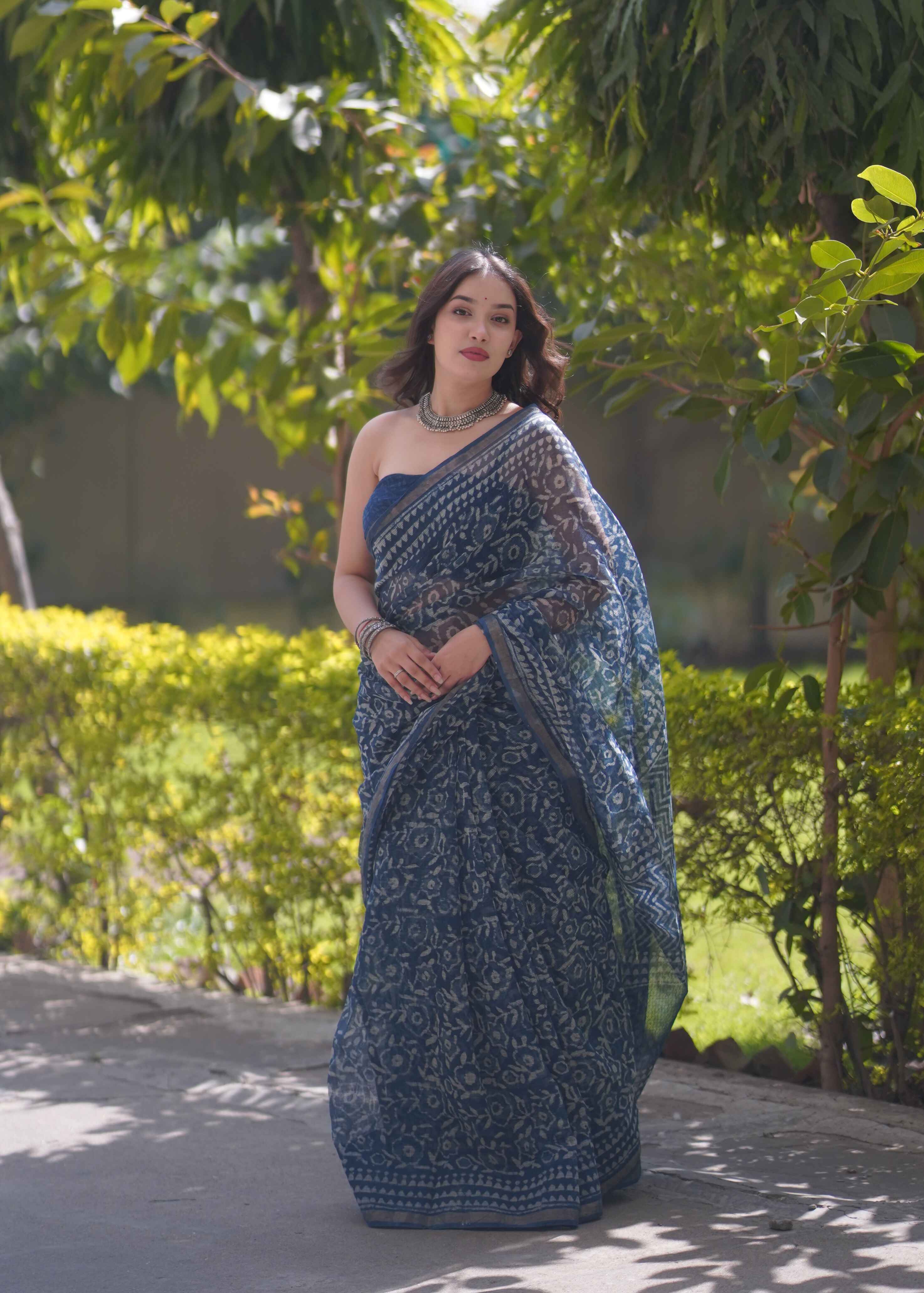 Sanjh Phool - Indigo Floral Kota Doria Saree